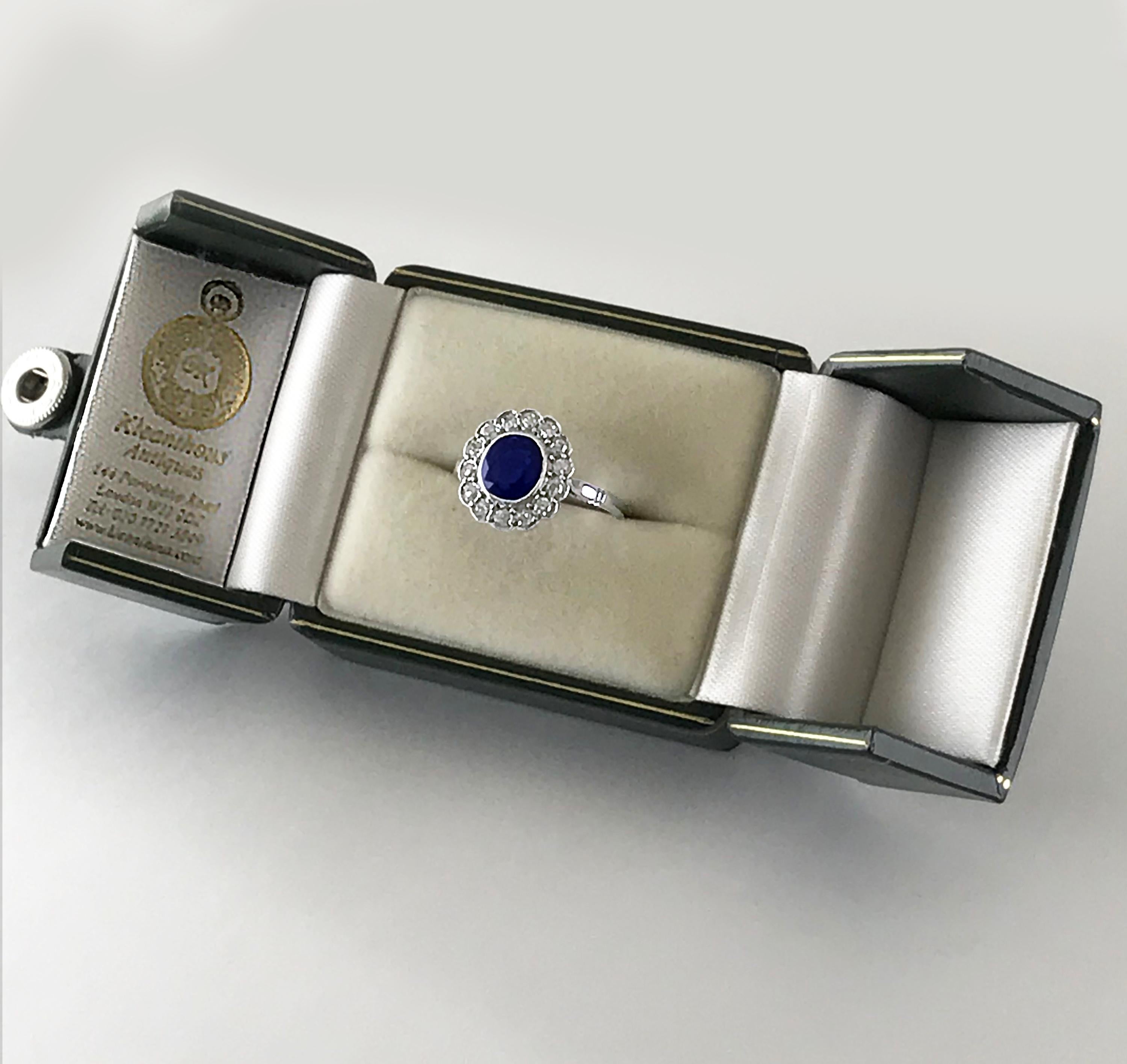 Art Deco Certificated Untreated Burma Blue Sapphire 1.44 Carat Diamond Ring In Excellent Condition In London, GB