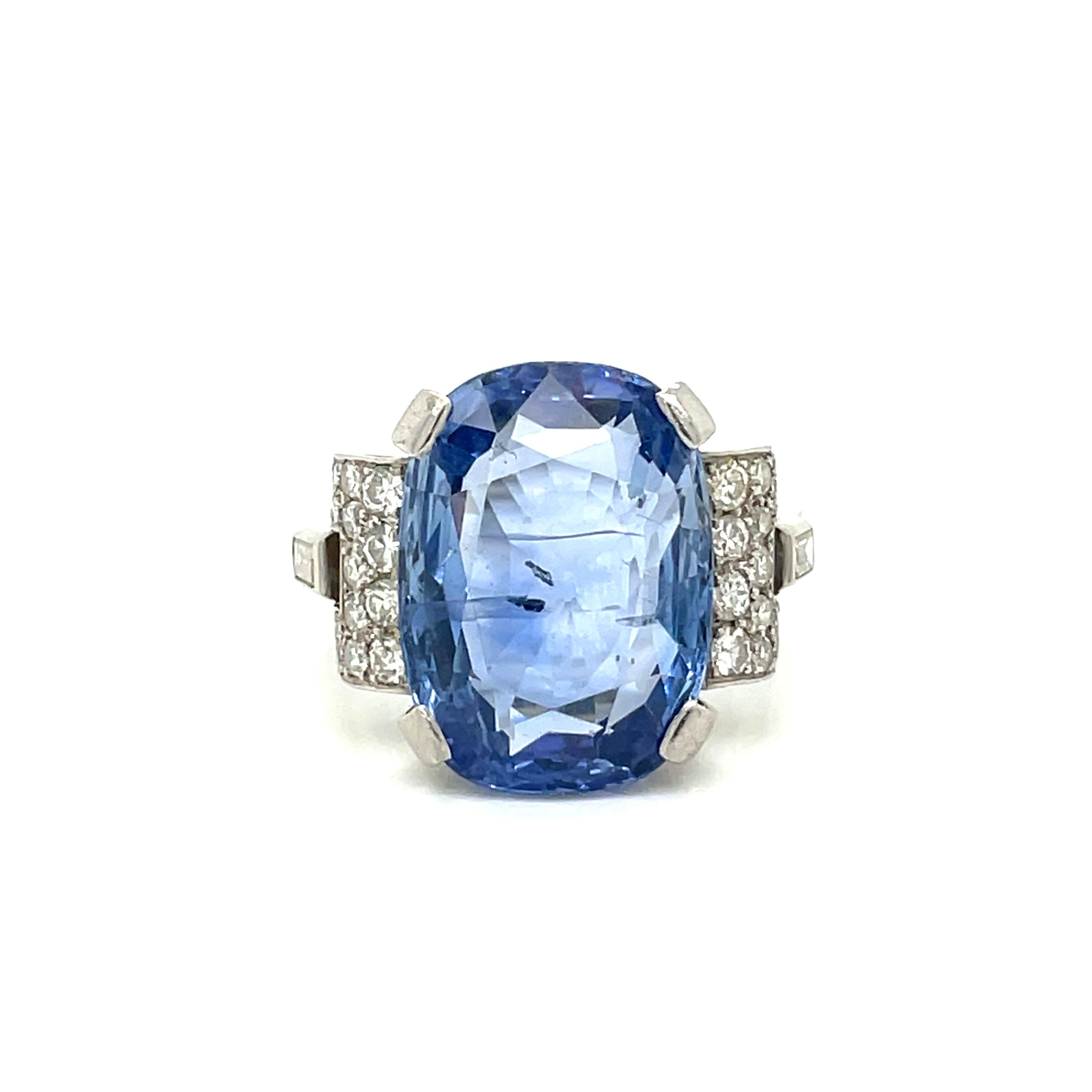 Art Deco Certified 15.50 Carat Sapphire Diamond Platinum Ring 5