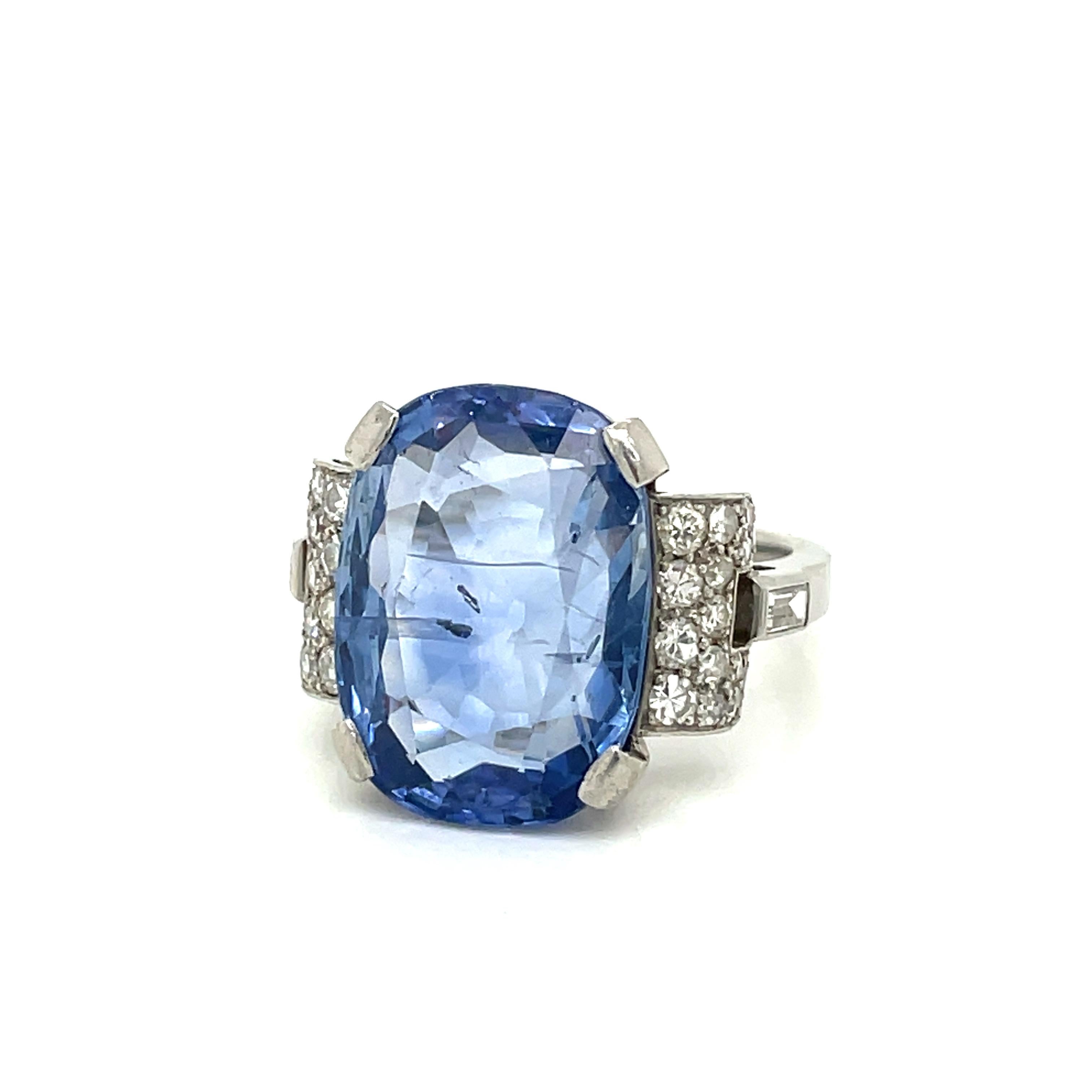 Art Deco Certified 15.50 Carat Sapphire Diamond Platinum Ring 4
