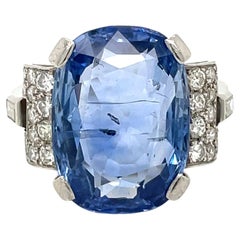 Art Deco Certified 15.50 Carat Sapphire Diamond Platinum Ring