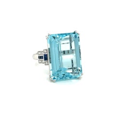 Art Deco Certified 20 Carat Santa Maria Aquamarine Diamond Sapphire Gold Ring