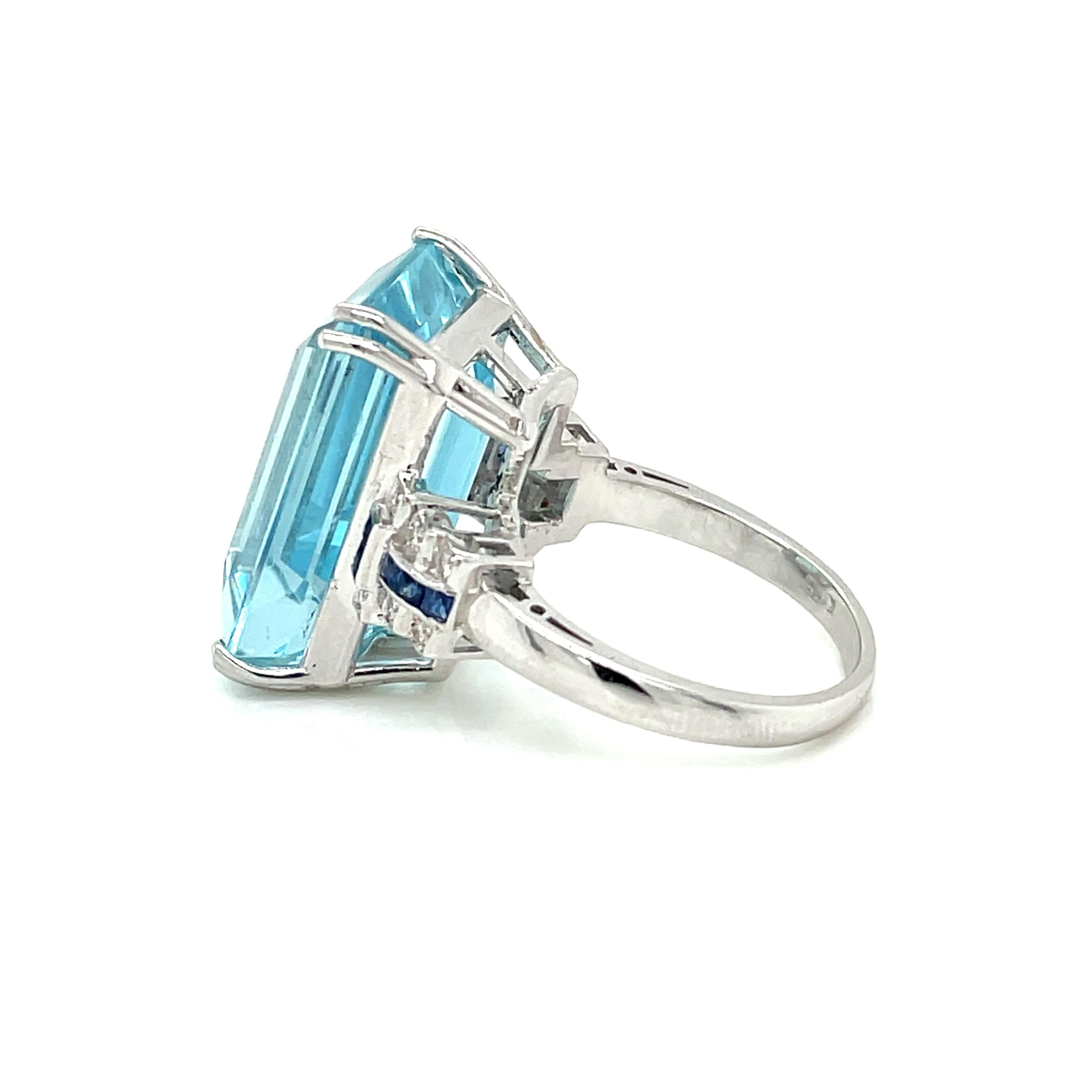 Emerald Cut Art Deco Certified 20 Carat Santa Maria Aquamarine Diamond Sapphire Gold Ring