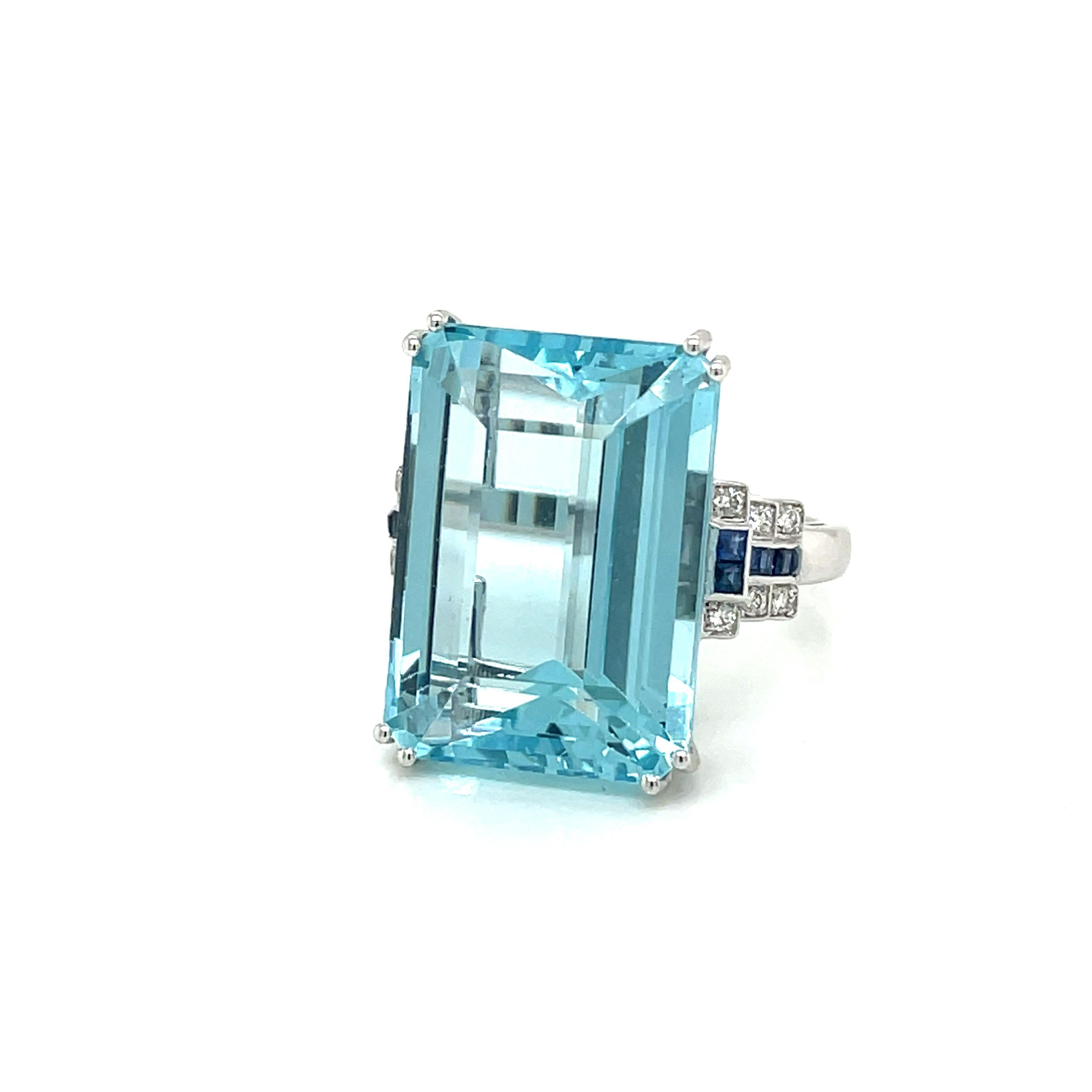 Women's Art Deco Certified 20 Carat Santa Maria Aquamarine Diamond Sapphire Gold Ring