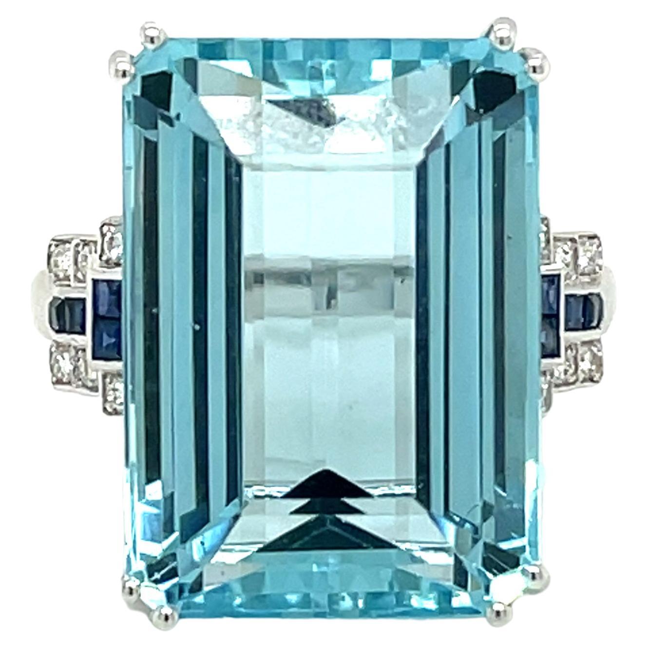Art Deco Certified 20 Carat Santa Maria Aquamarine Diamond Sapphire Gold Ring