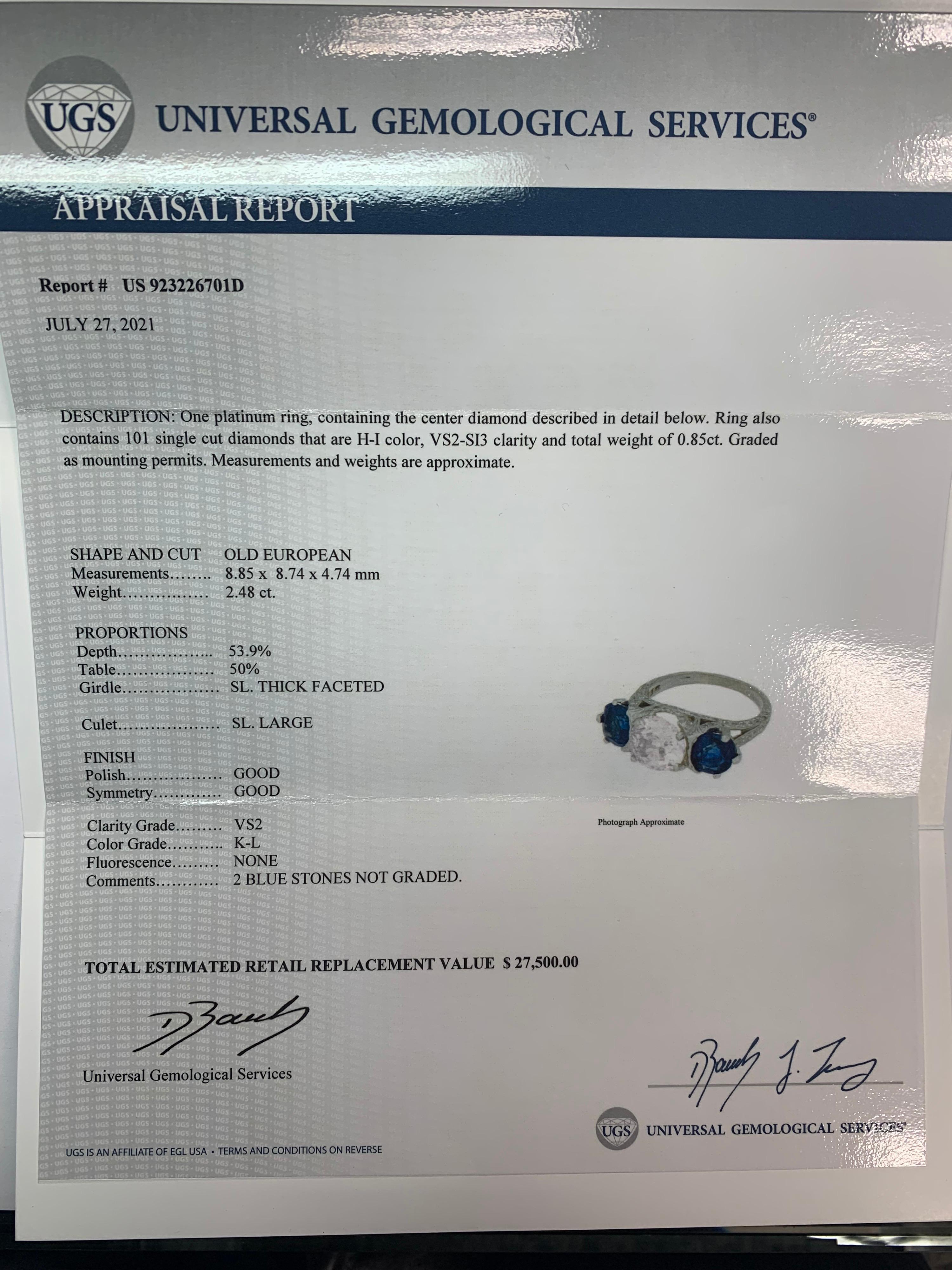 Art Deco Certified 2.48 Carat Natural Old European K VS Diamond Engagement Ring In Good Condition For Sale In Los Angeles, CA