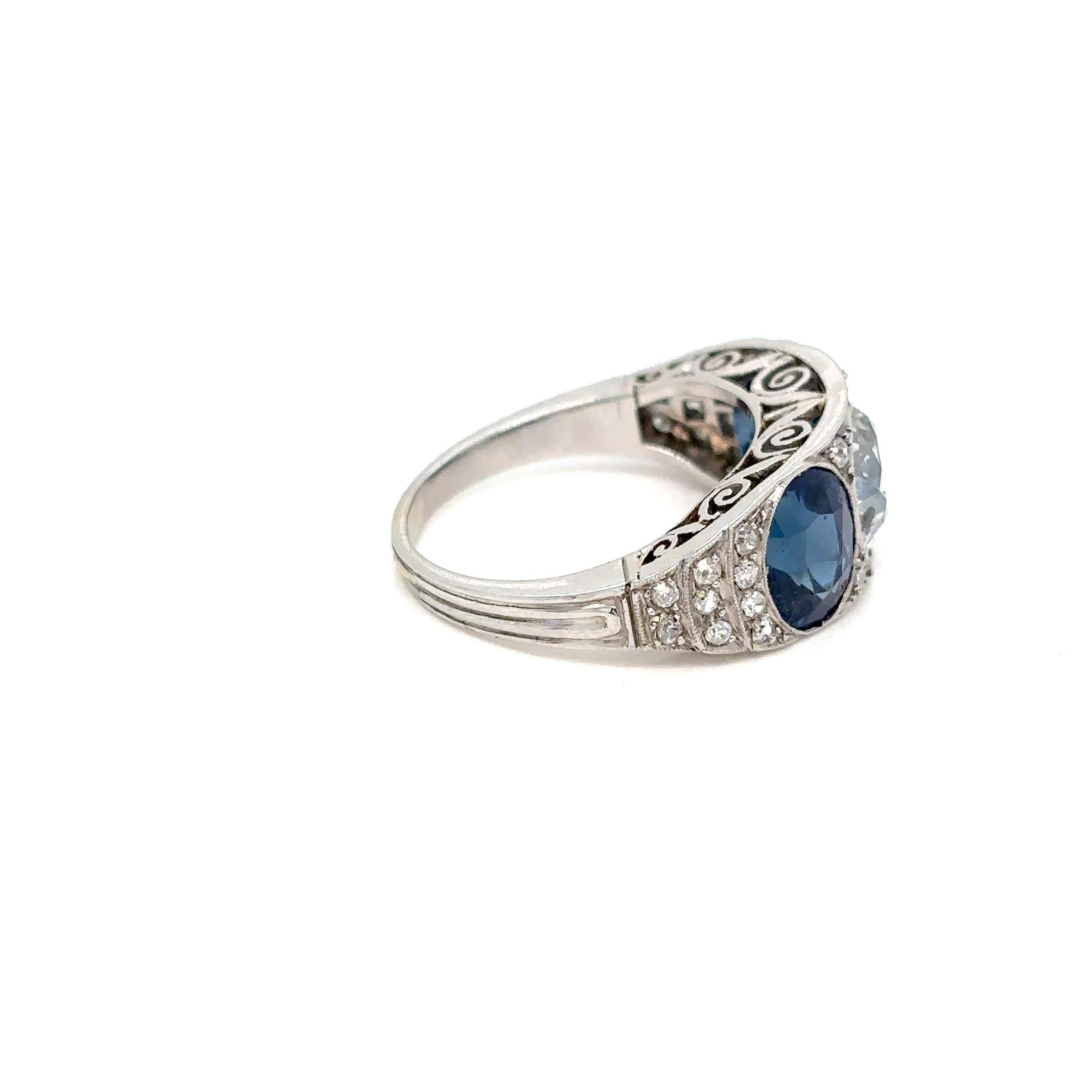 Anillo de filigrana con placa de diamantes y zafiro natural certificado Art Decó de 4,10 quilates 5