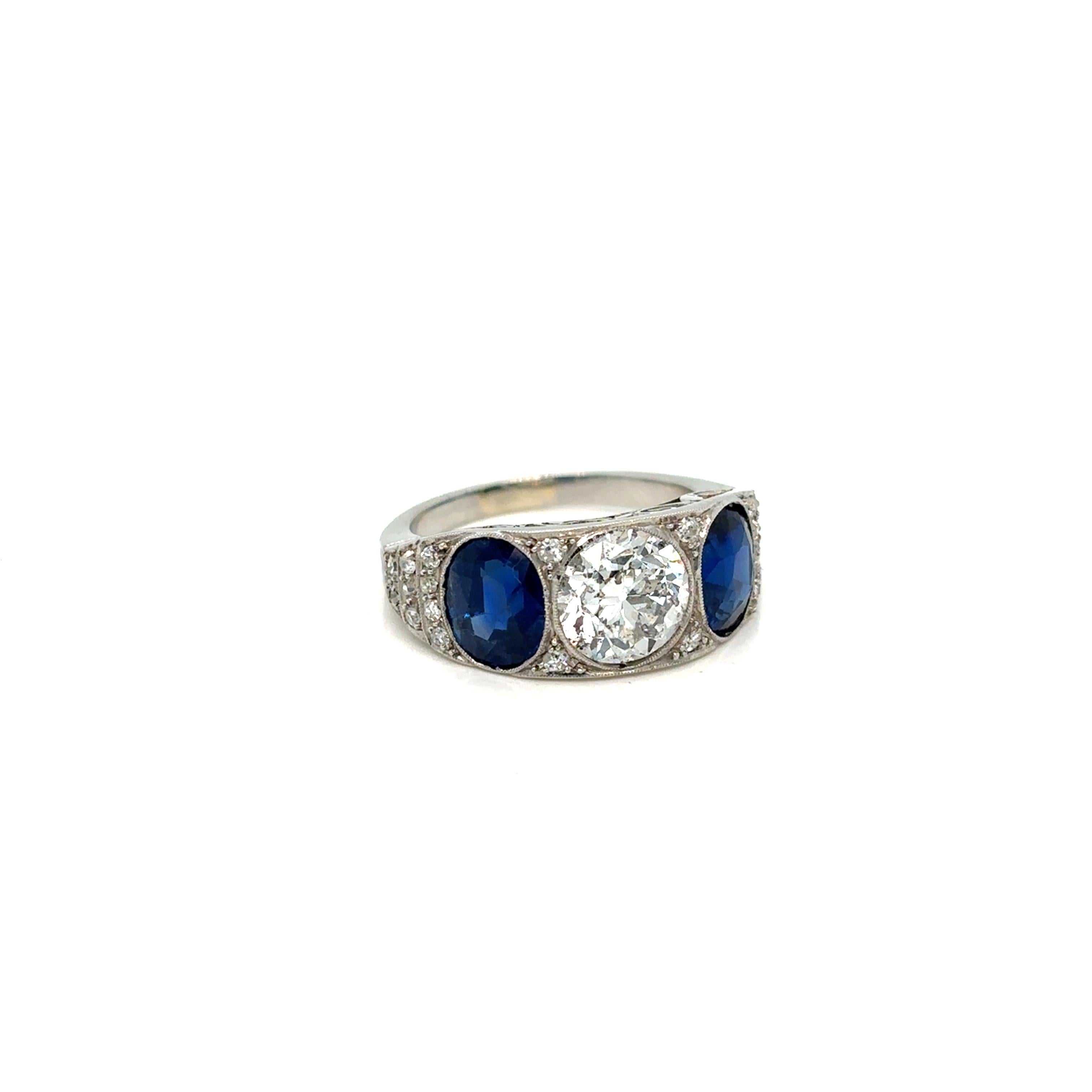 Anillo de filigrana con placa de diamantes y zafiro natural certificado Art Decó de 4,10 quilates Talla antigua