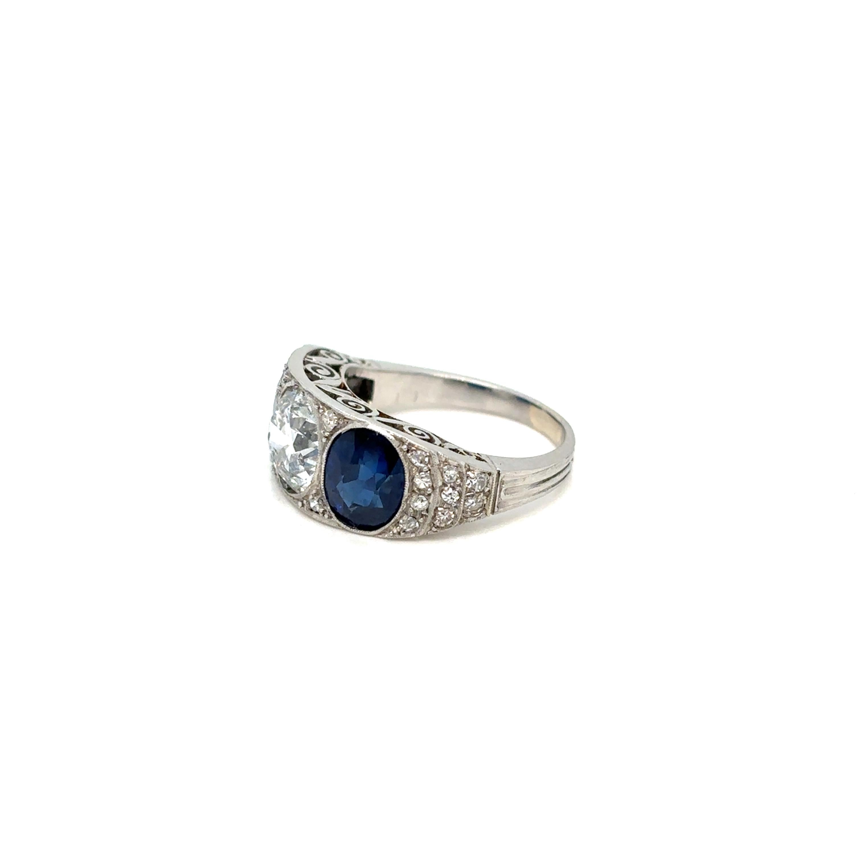 Anillo de filigrana con placa de diamantes y zafiro natural certificado Art Decó de 4,10 quilates 1