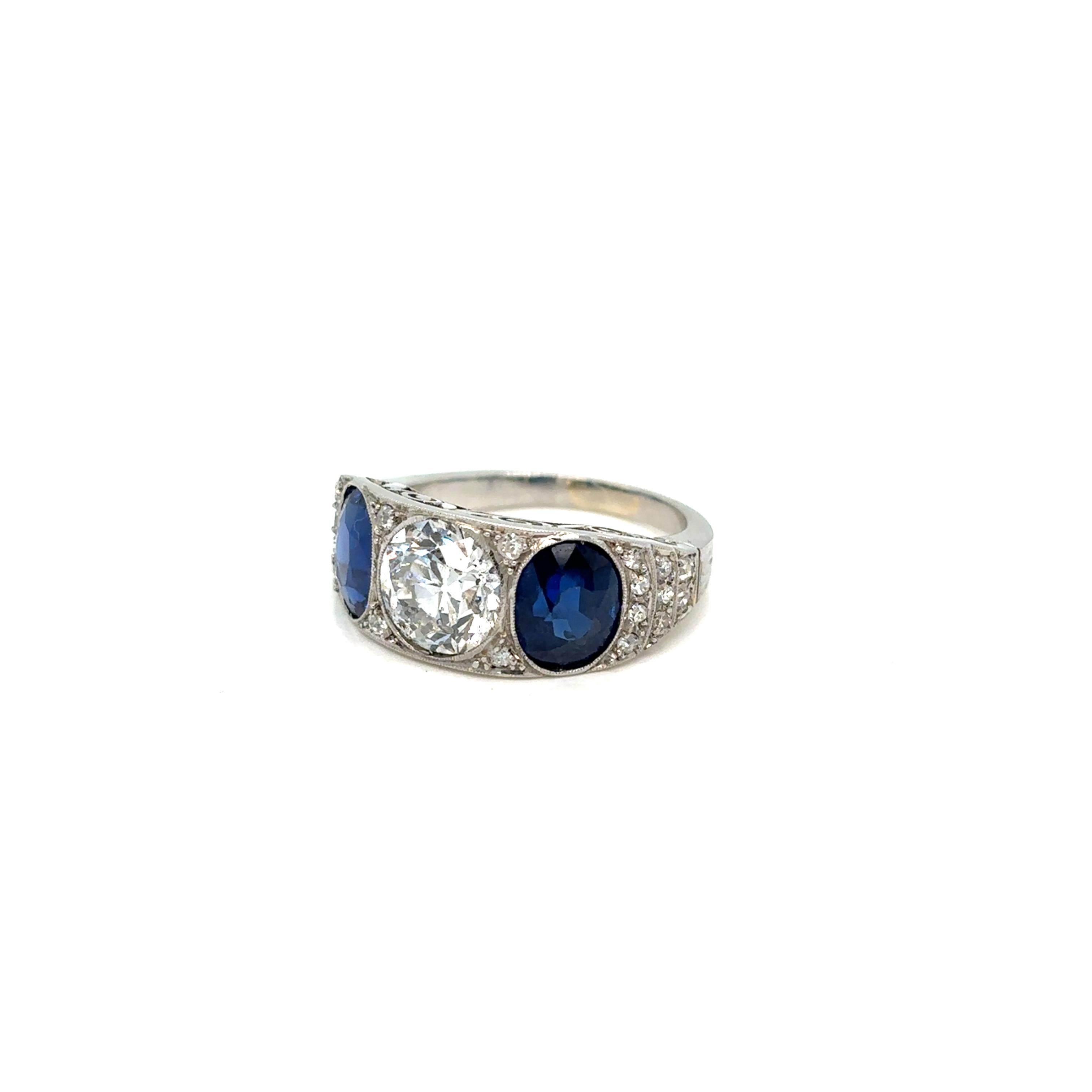 Anillo de filigrana con placa de diamantes y zafiro natural certificado Art Decó de 4,10 quilates 2