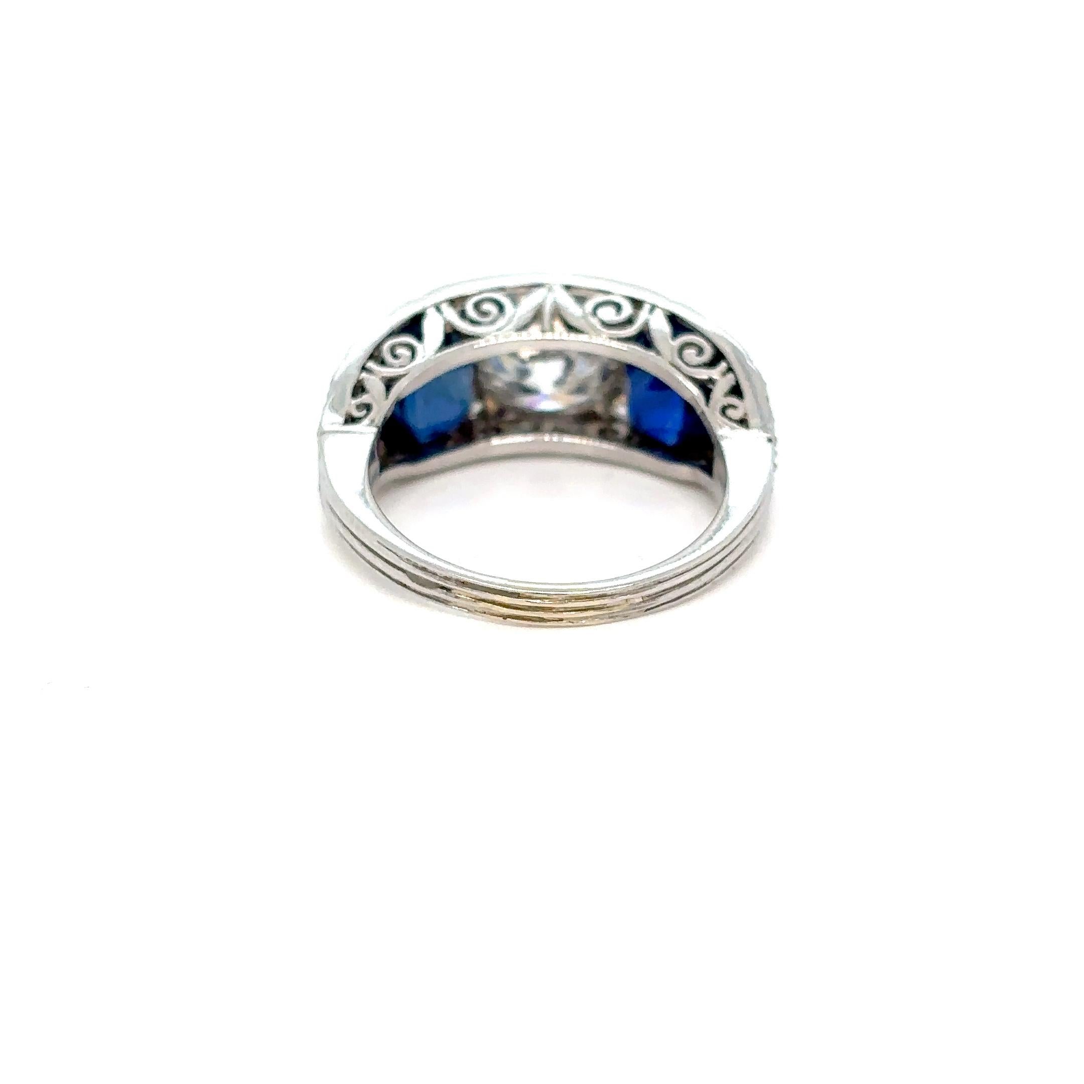 Anillo de filigrana con placa de diamantes y zafiro natural certificado Art Decó de 4,10 quilates 3