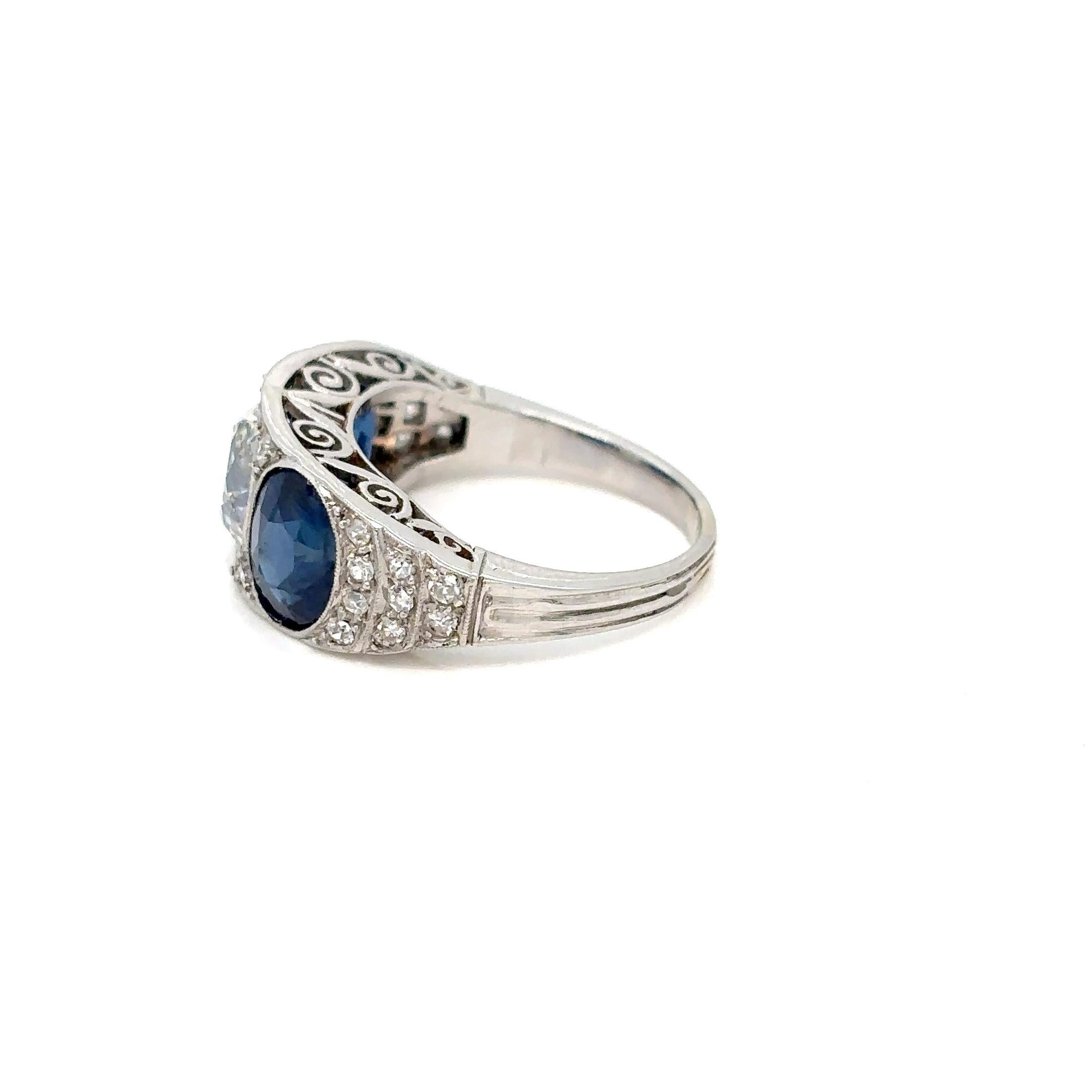 Anillo de filigrana con placa de diamantes y zafiro natural certificado Art Decó de 4,10 quilates 4