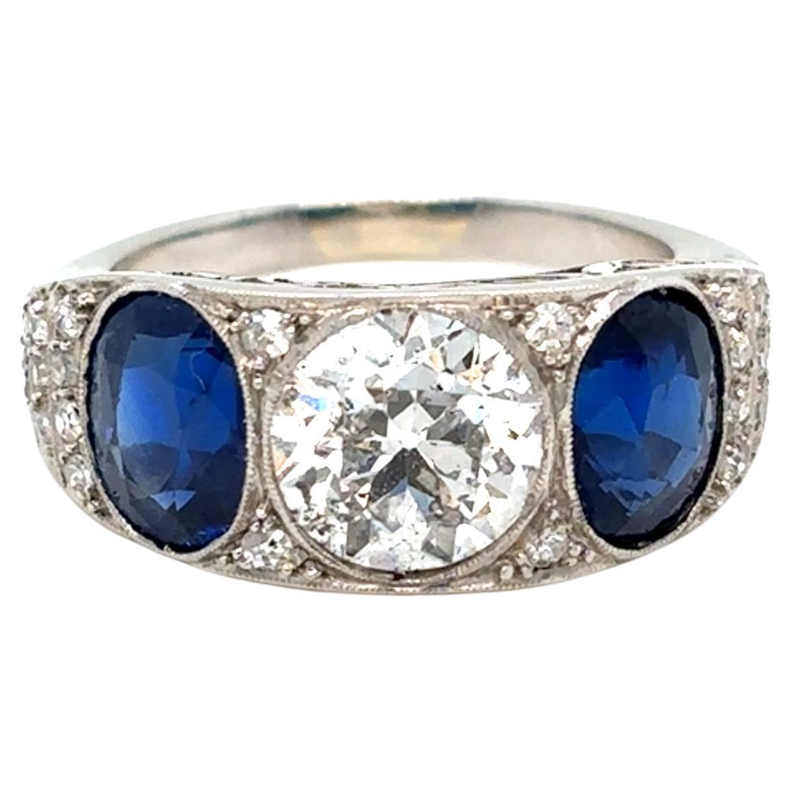 Anillo de filigrana con placa de diamantes y zafiro natural certificado Art Decó de 4,10 quilates