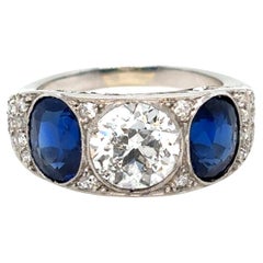 Anillo de filigrana con placa de diamantes y zafiro natural certificado Art Decó de 4,10 quilates