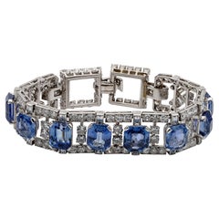 Antique Art Deco Certified 42.8 Ct Natural Ceylon Sapphire Platinum Bracelet