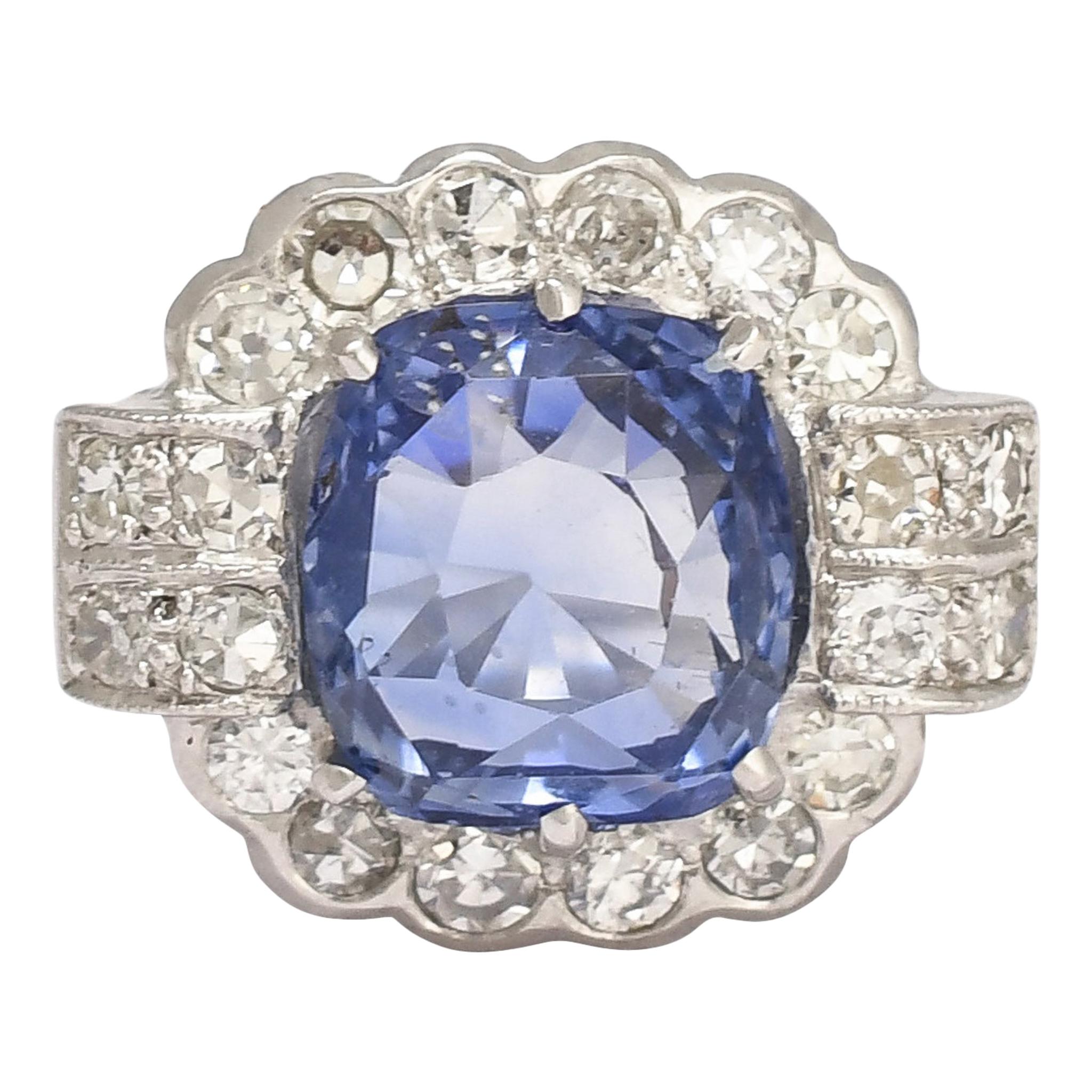 Art Deco Certified 6.64 Carat Ceylon Cornflower Sapphire Ring