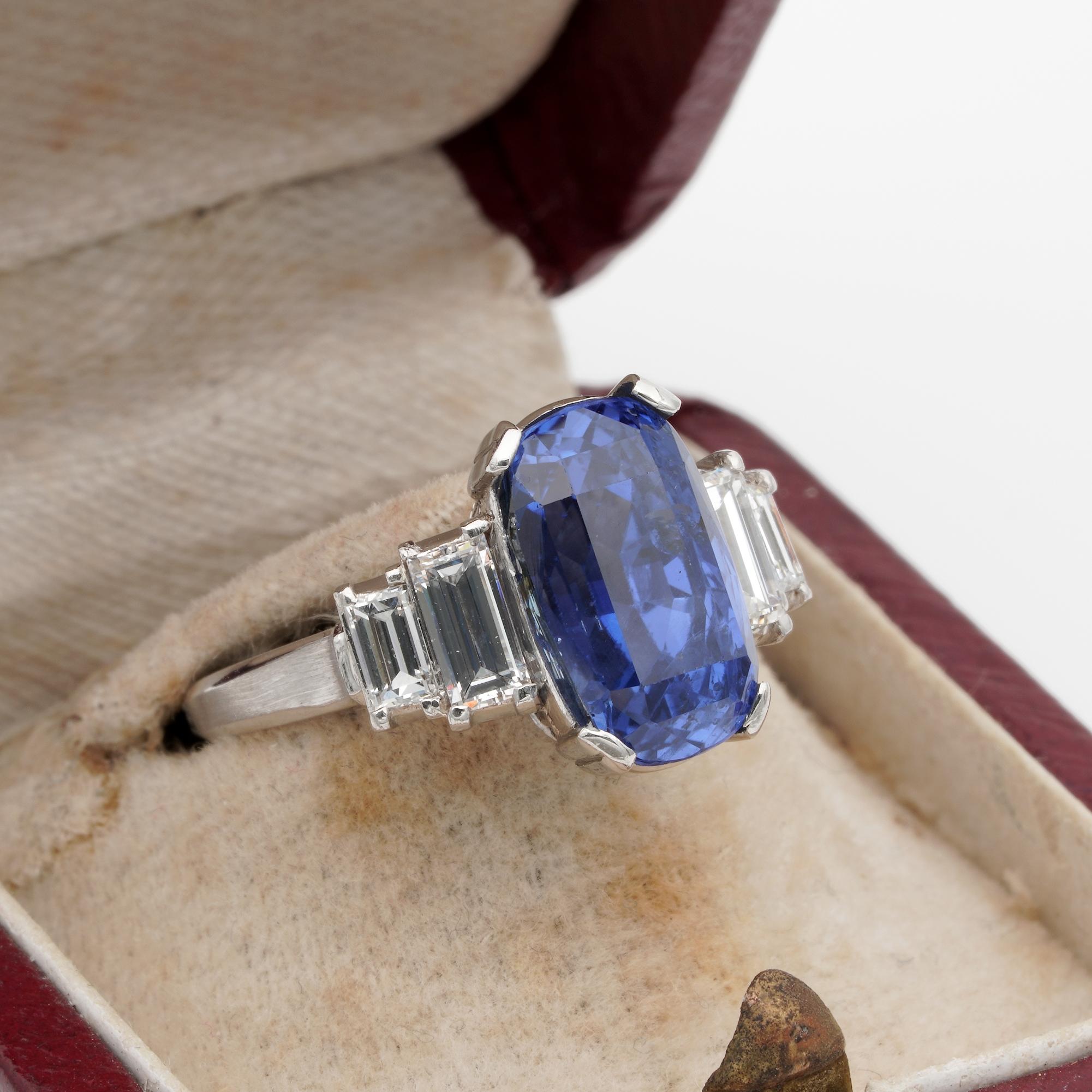 Oval Cut Art Deco Certified 7.14 Ct No Heat Sapphire Diamond Platinum Ring For Sale