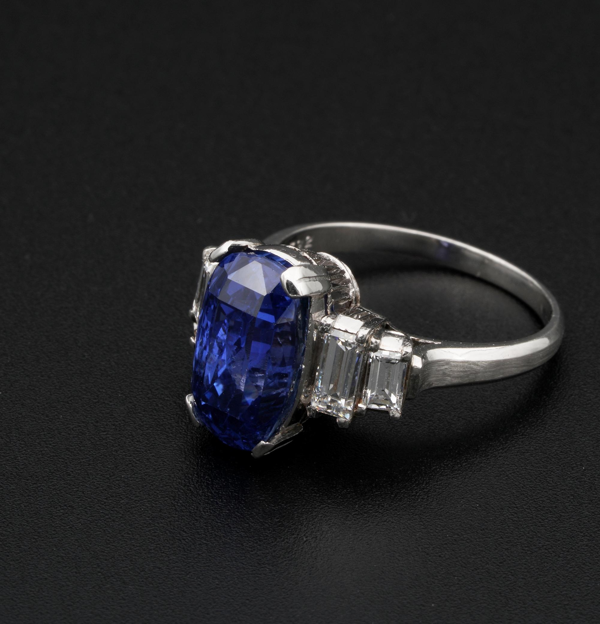 Art Deco Certified 7.14 Ct No Heat Sapphire Diamond Platinum Ring For Sale 1