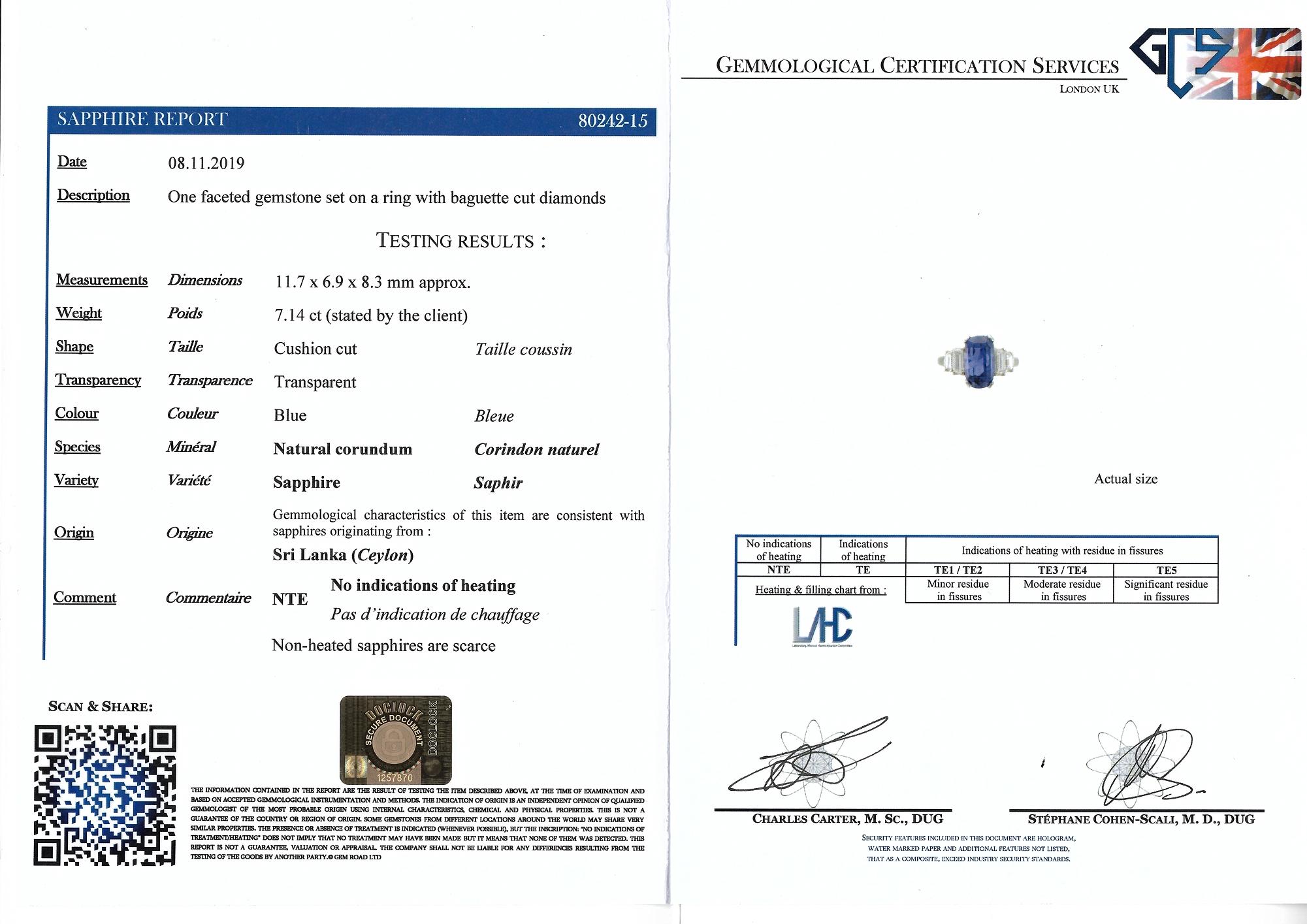 Art Deco Certified 7.14 Ct No Heat Sapphire Diamond Platinum Ring en vente 2