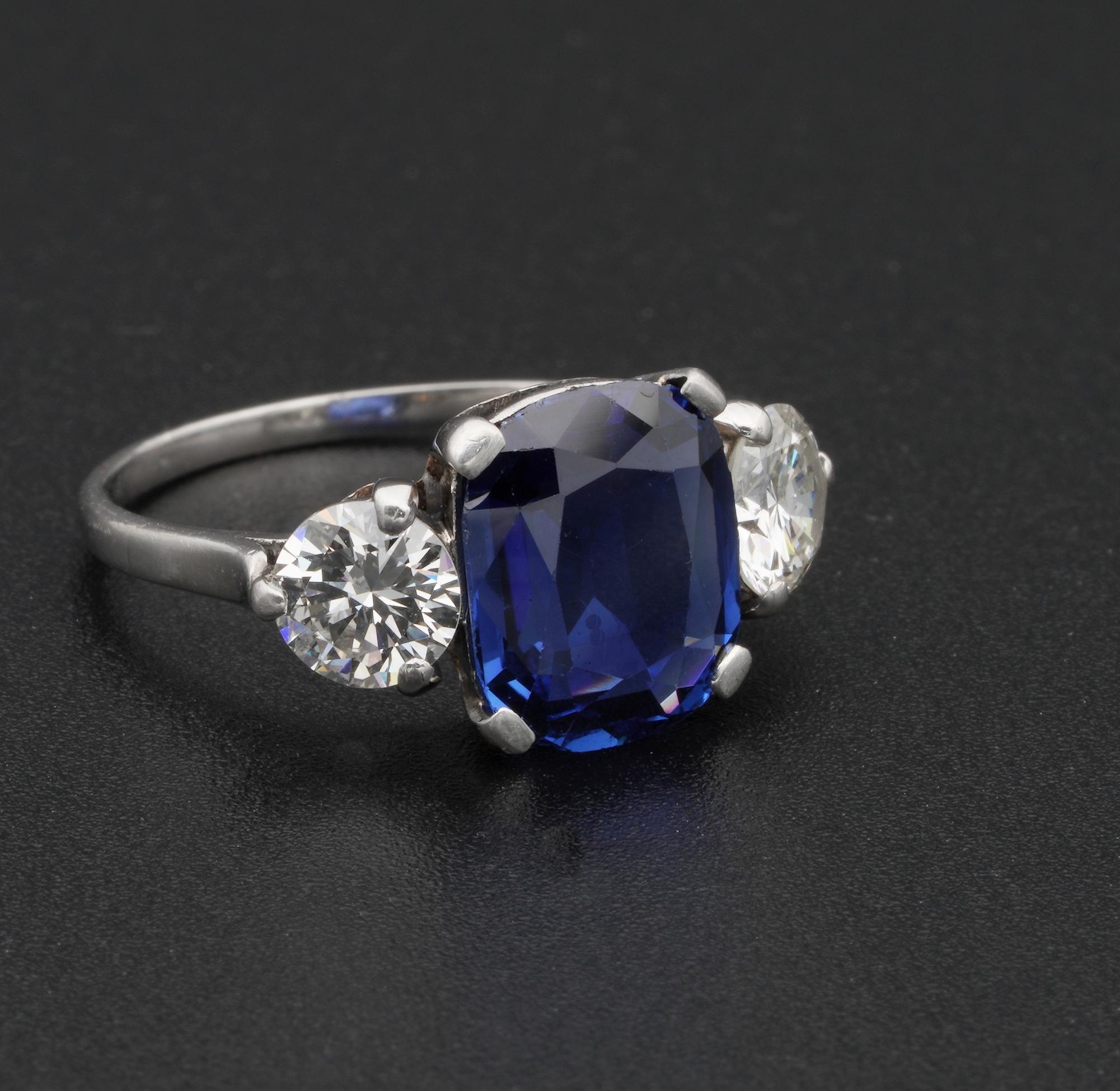 Women's Art Deco Certified Burma Sapphire Diamond Trilogy Platinum Ring For Sale