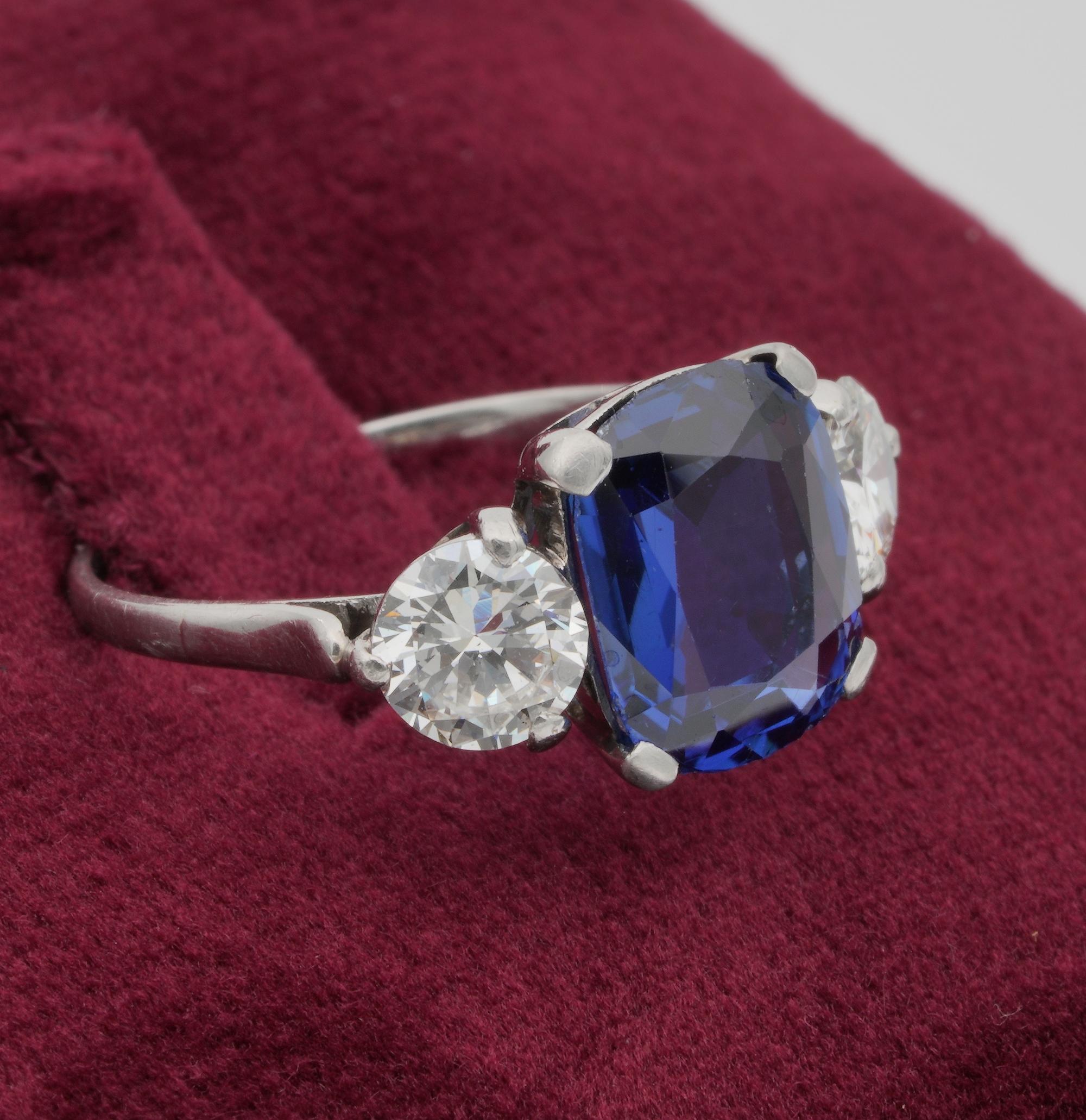 Art Deco Certified Burma Sapphire Diamond Trilogy Platinum Ring For Sale 1