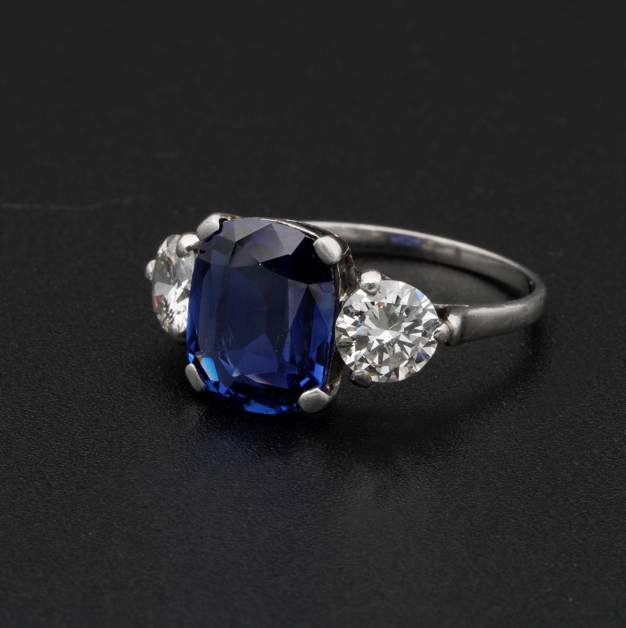 Art Deco Certified Burma Sapphire Diamond Trilogy Platinum Ring For Sale 2