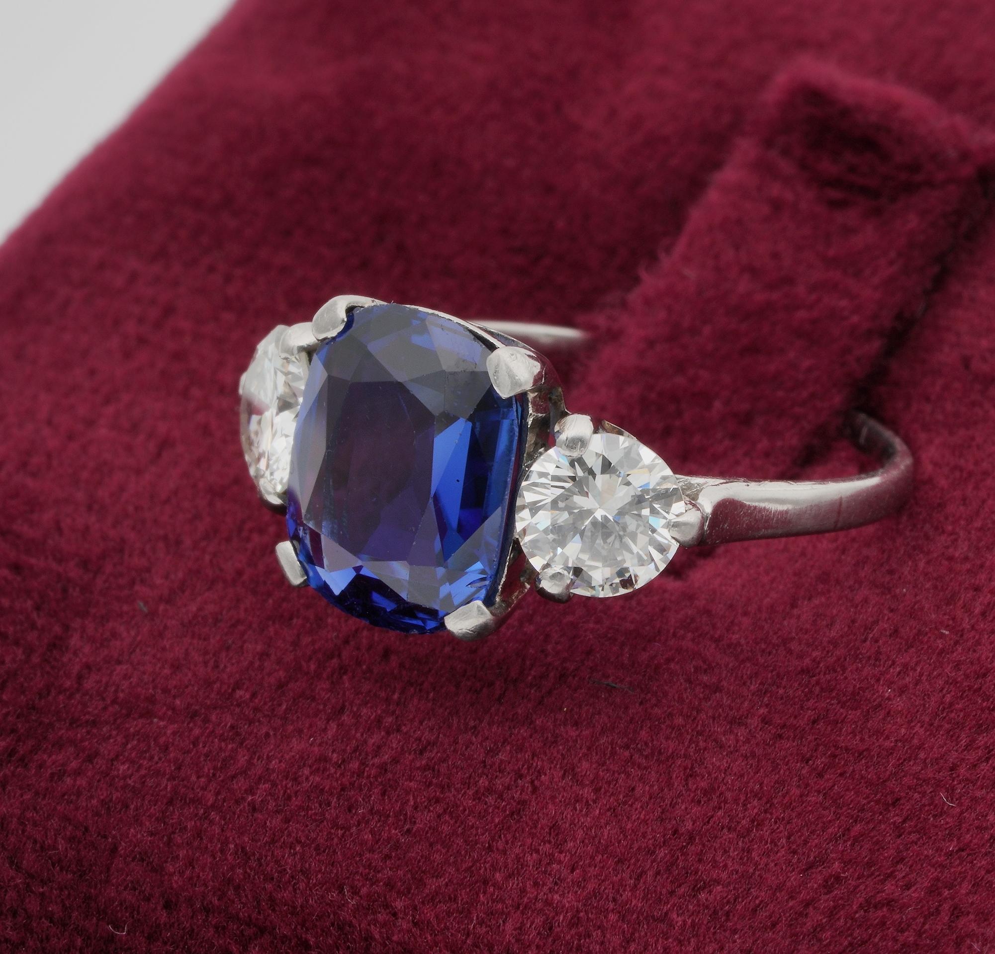 Art Deco Certified Burma Sapphire Diamond Trilogy Platinum Ring For Sale 3