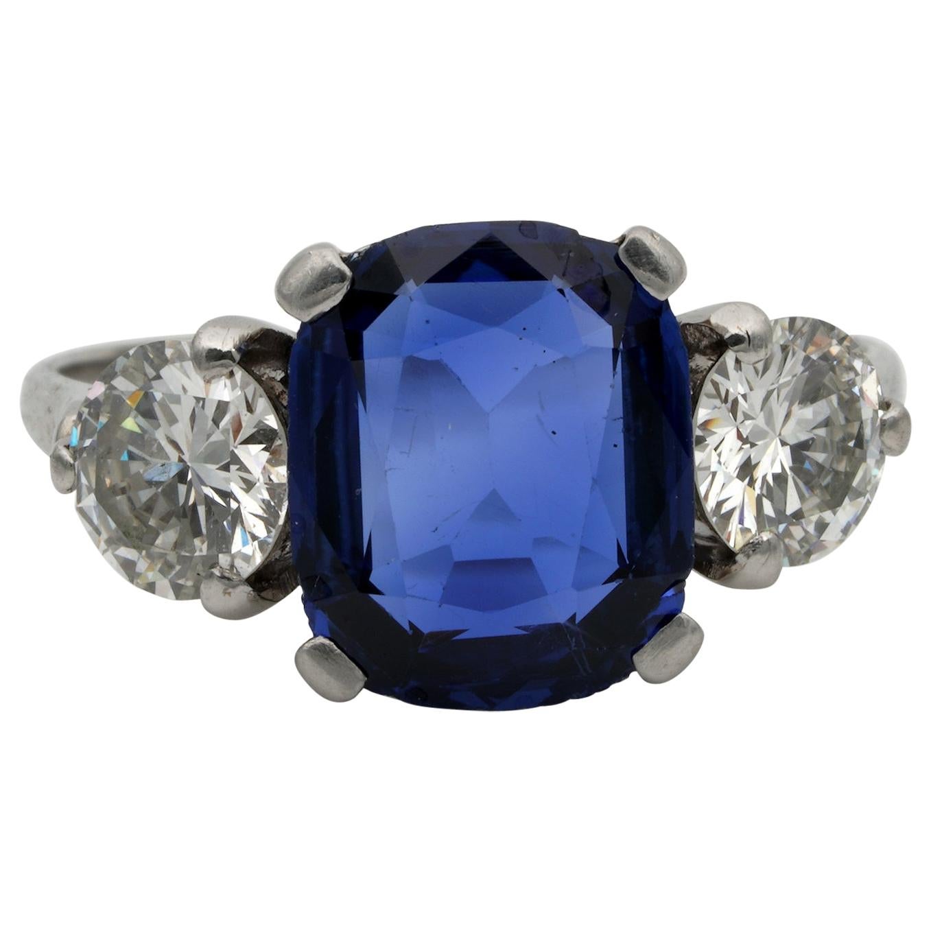 Art Deco Certified Burma Sapphire Diamond Trilogy Platinum Ring For