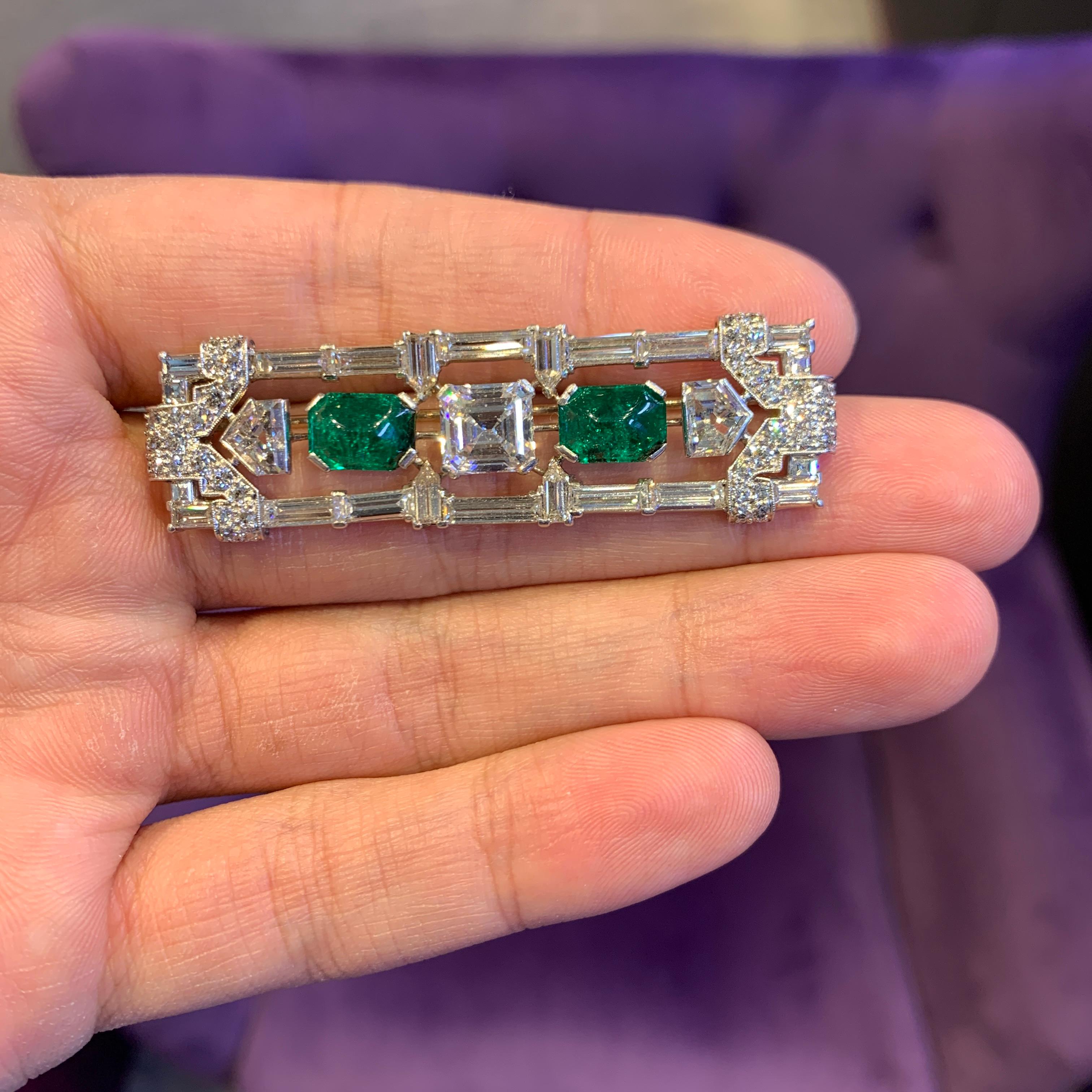 Emerald Cut Art Deco Certified Cabochon Emerald & Diamond Brooch For Sale