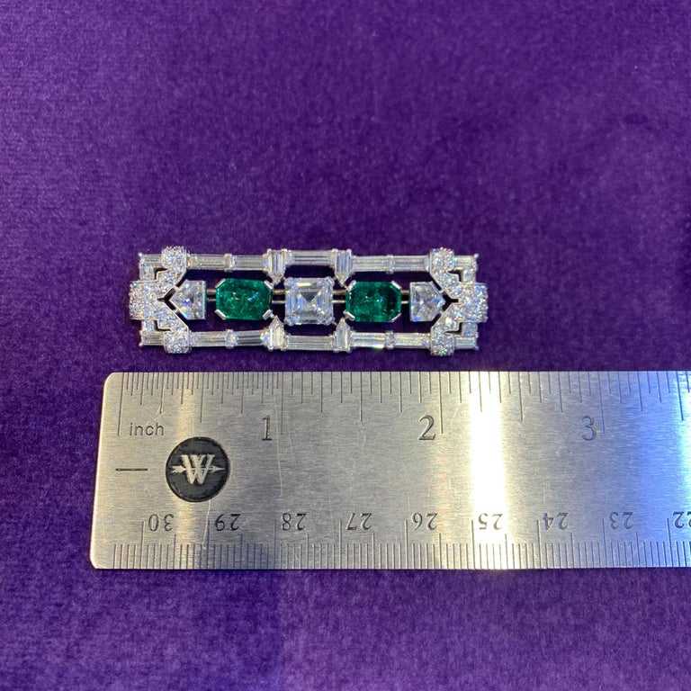 Art Deco Certified Cabochon Emerald & Diamond Brooch For Sale 3