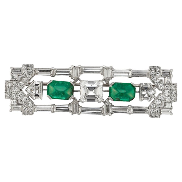 Art Deco Certified Cabochon Emerald & Diamond Brooch For Sale