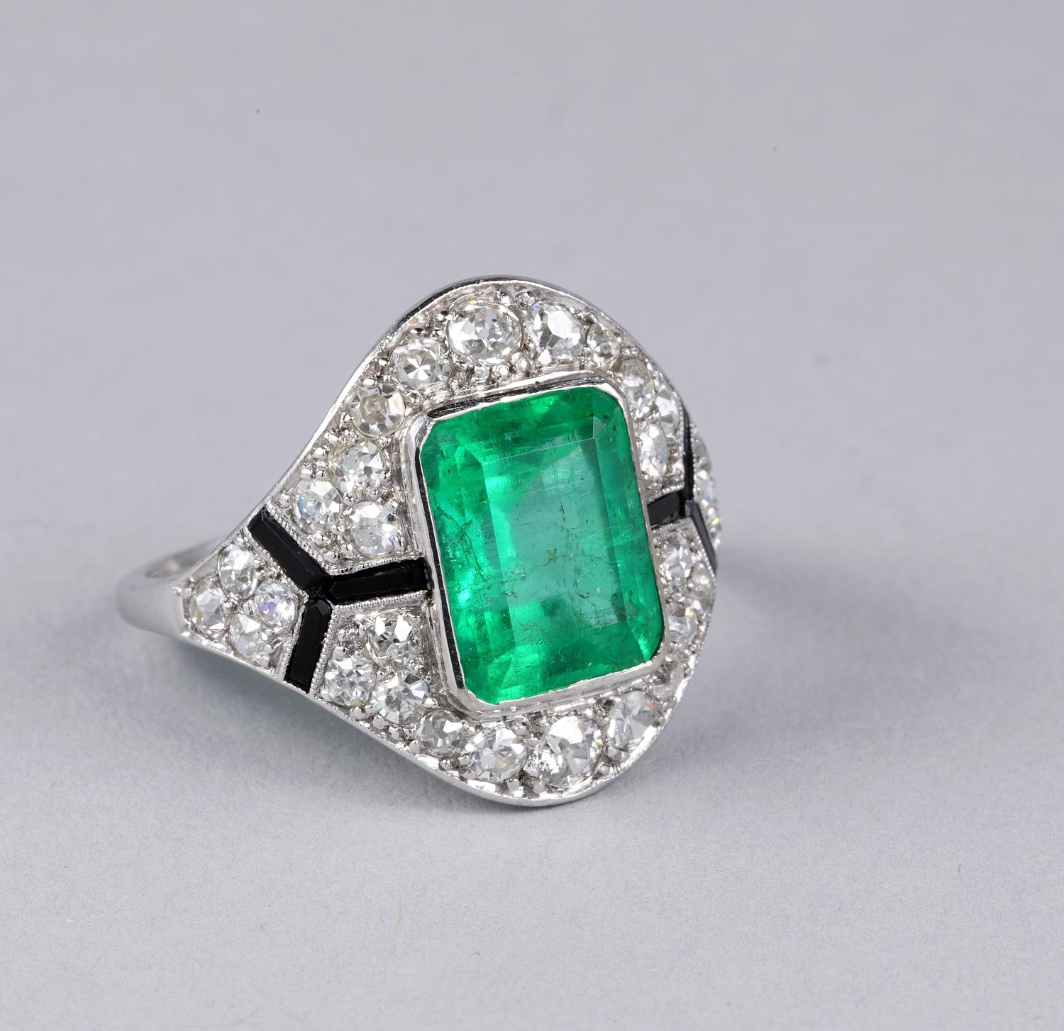 Emerald Cut Art Deco Certified Colombian Emerald Diamond Onyx Rare Ring For Sale