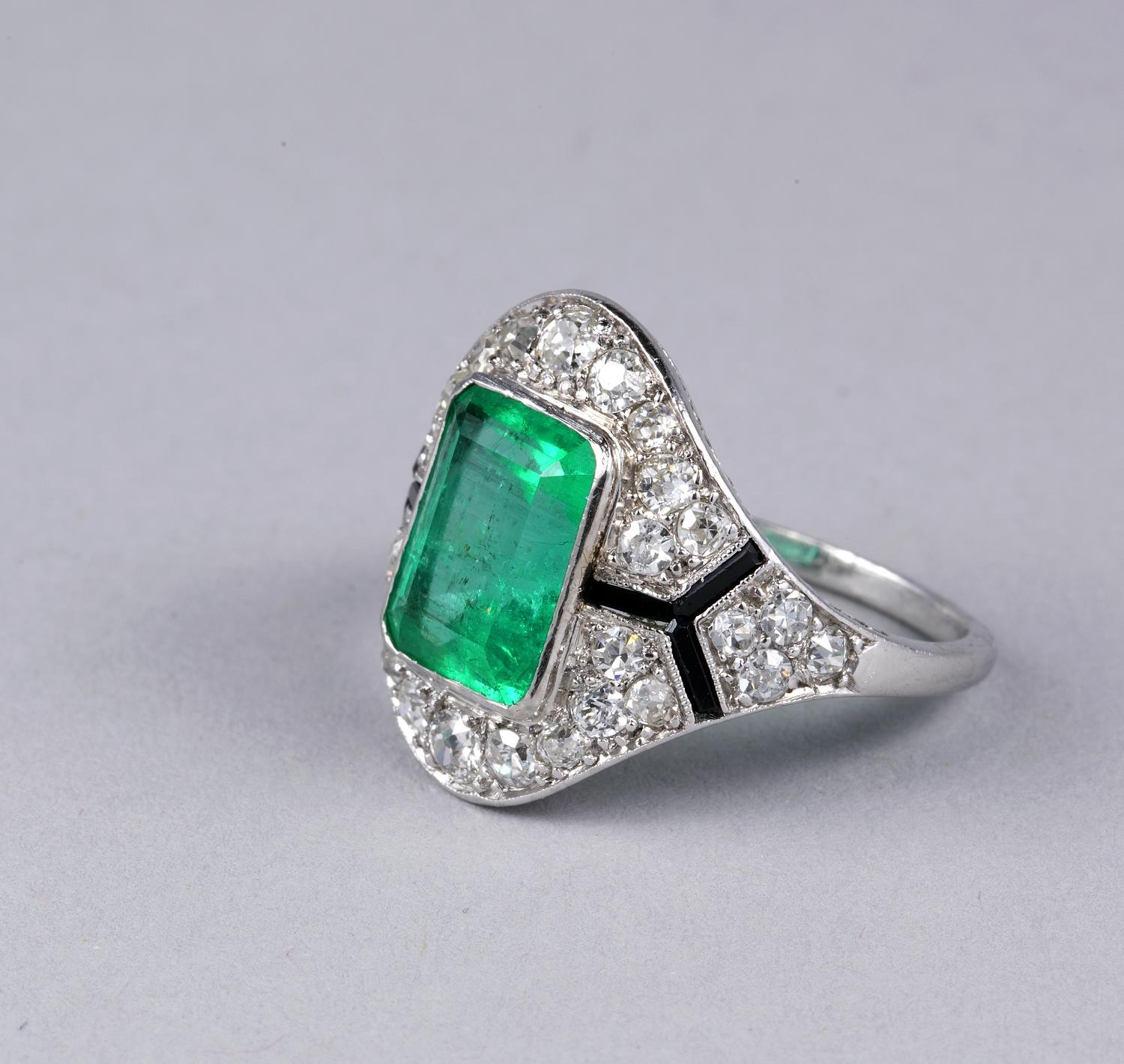 Women's Art Deco Certified Colombian Emerald Diamond Onyx Rare Ring For Sale