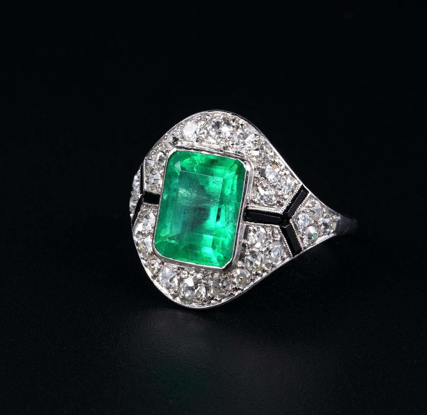 Art Deco Certified Colombian Emerald Diamond Onyx Rare Ring For Sale 1