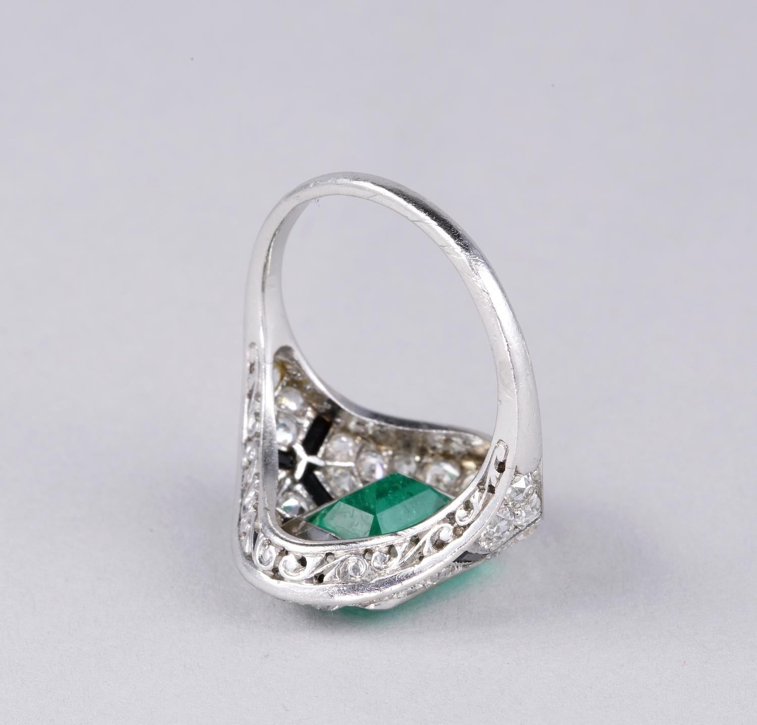 Art Deco Certified Colombian Emerald Diamond Onyx Rare Ring For Sale 2