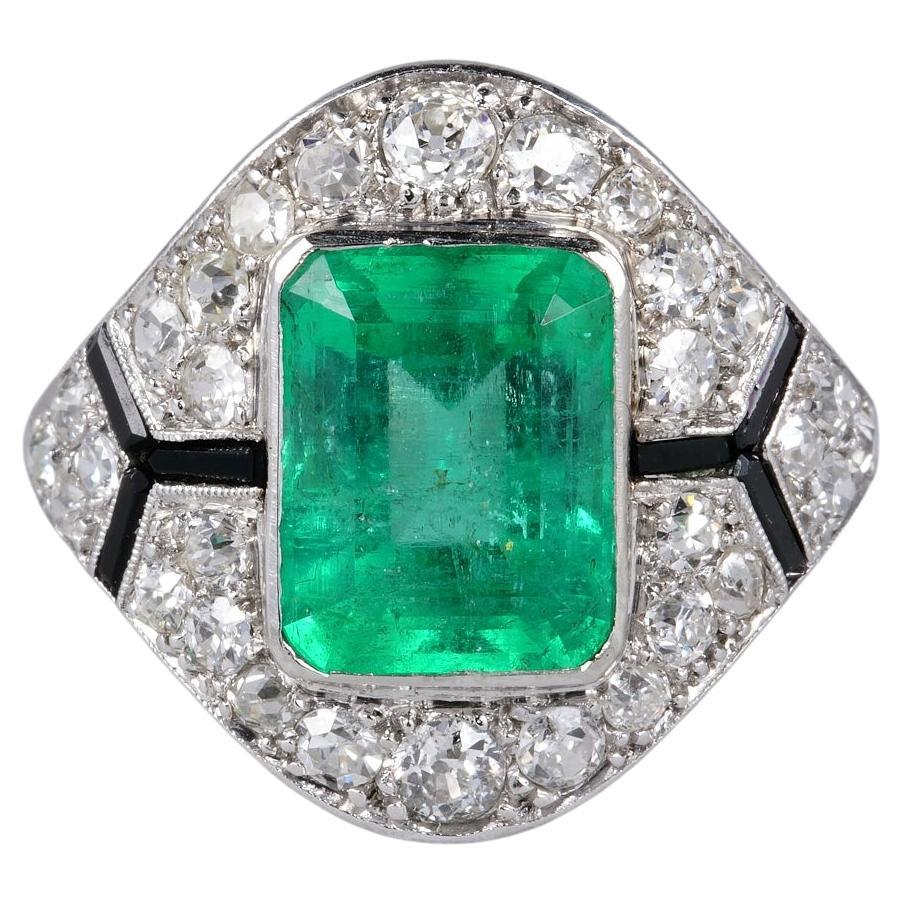 Art Deco Certified Colombian Emerald Diamond Onyx Rare Ring