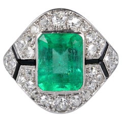 Antique Art Deco Certified Colombian Emerald Diamond Onyx Rare Ring
