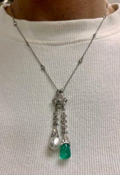Art Deco Certified Colombian Emerald & Pearl Lavalier Necklace