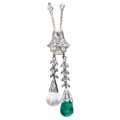 Art Deco Certified Colombian Emerald & Pearl Lavalier Necklace