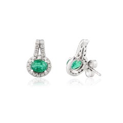 Art Deco Certified Emerald Diamond 14k Solid White Gold Pushback Stud Earrings