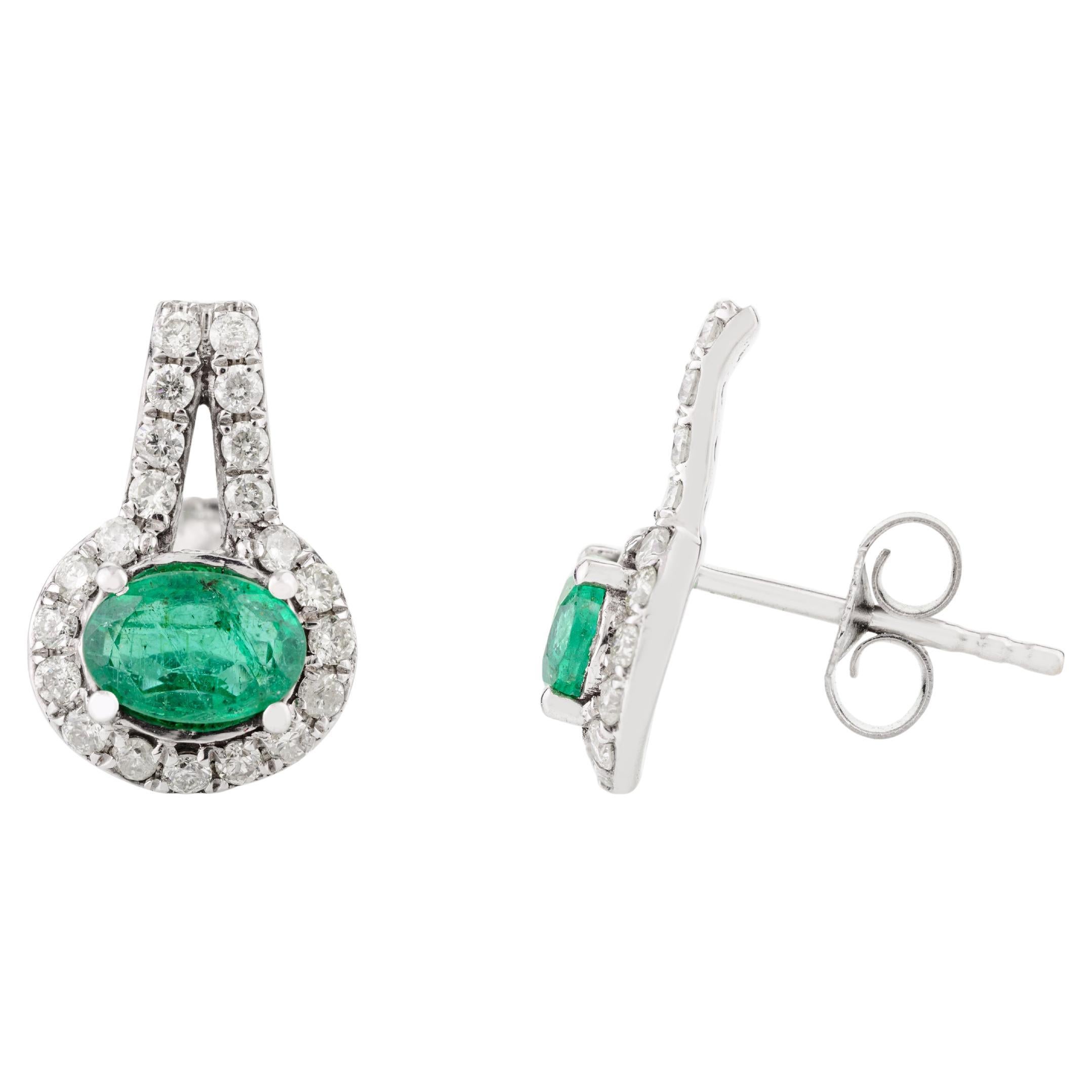 Art Deco Certified Emerald Diamond 14k Solid White Gold Pushback Stud Earrings