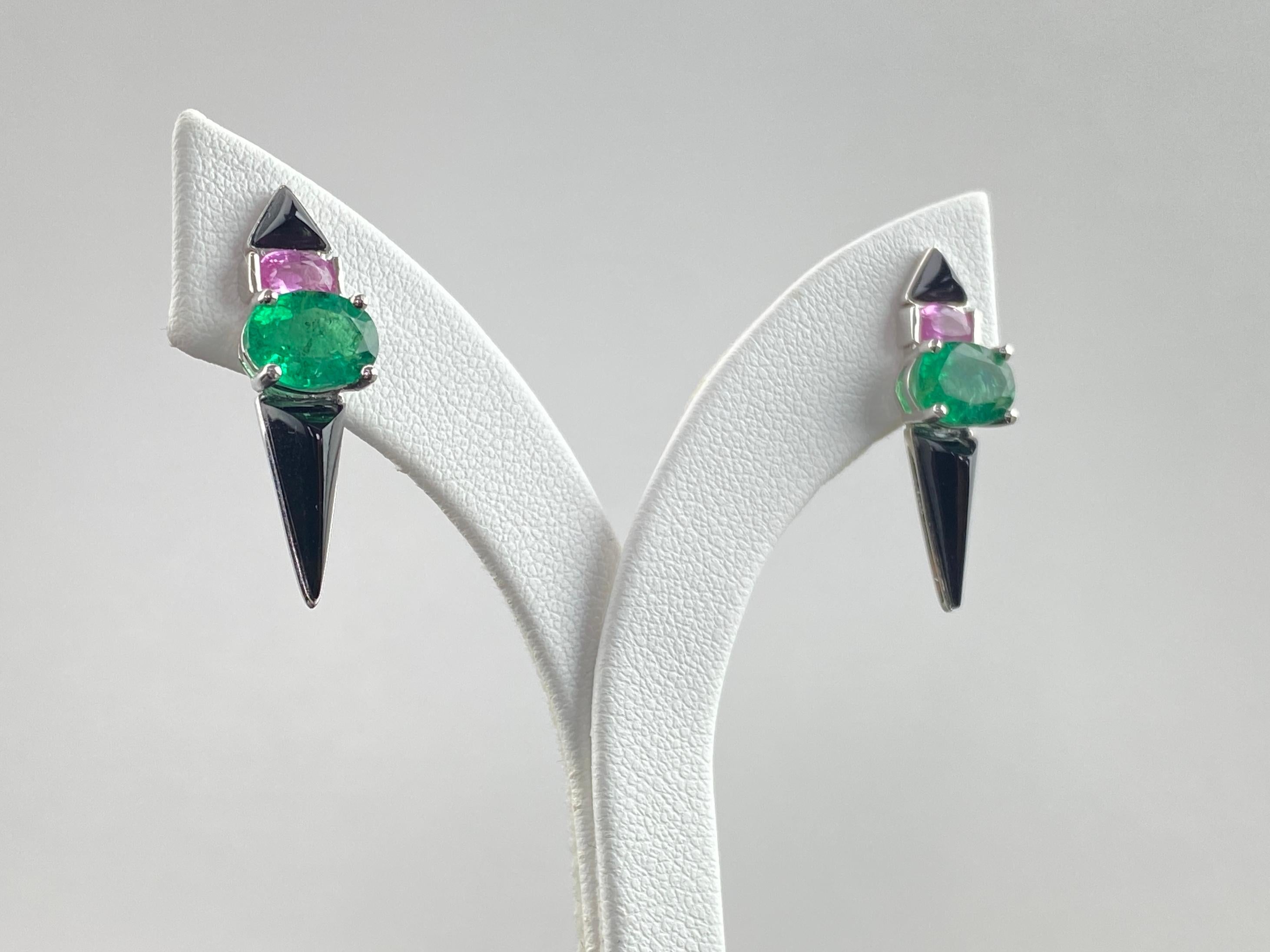 Art Deco Art-Deco Certified Emerald, Pink Sapphire and Black Onyx Earrings