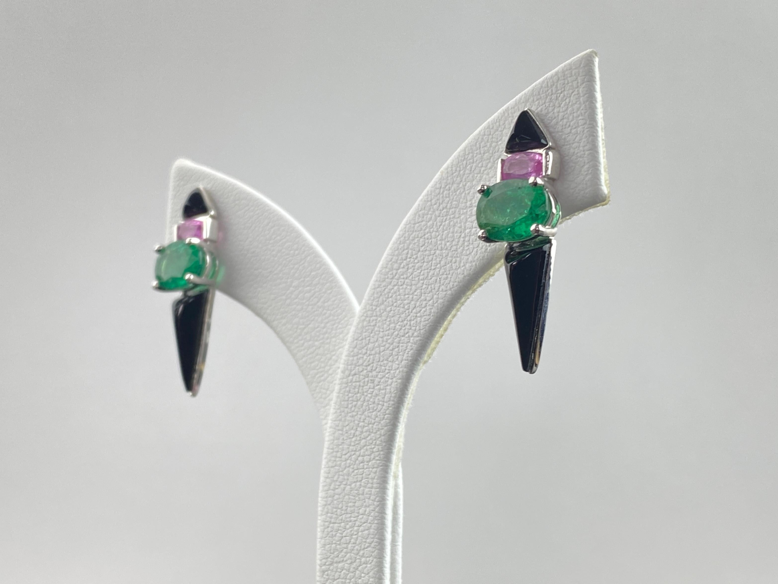 Mixed Cut Art-Deco Certified Emerald, Pink Sapphire and Black Onyx Earrings