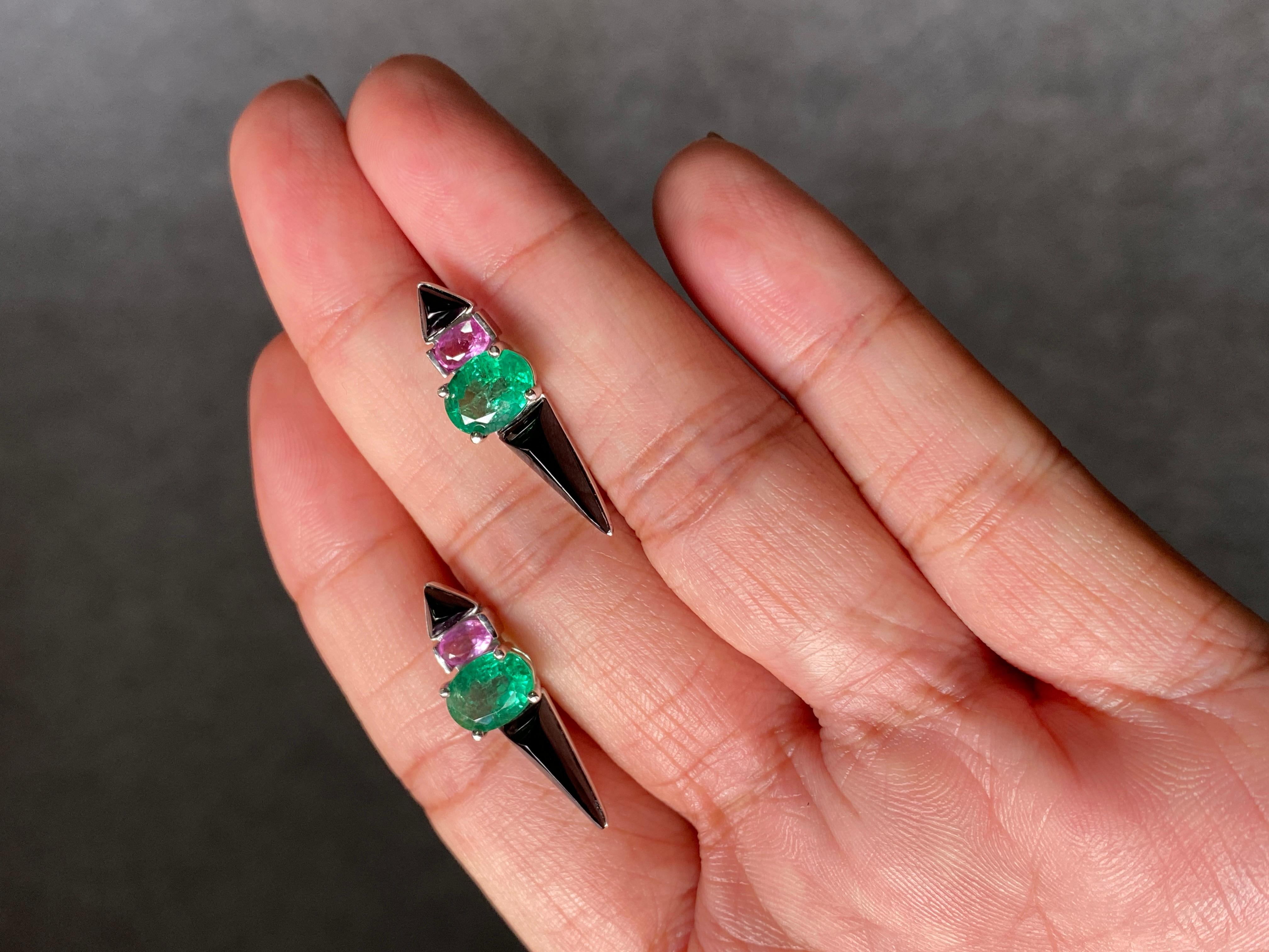 Women's Art-Deco Certified Emerald, Pink Sapphire and Black Onyx Earrings