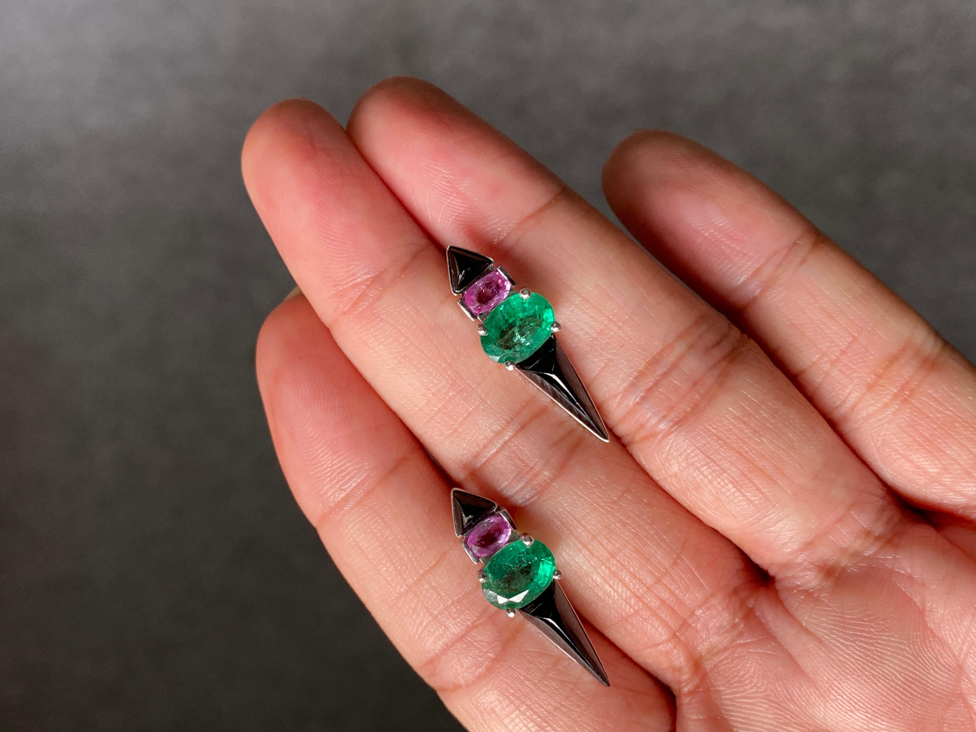 Art-Deco Certified Emerald, Pink Sapphire and Black Onyx Earrings 1