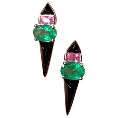 Pendientes Art-Deco de esmeralda certificada, zafiro rosa y ónice negro