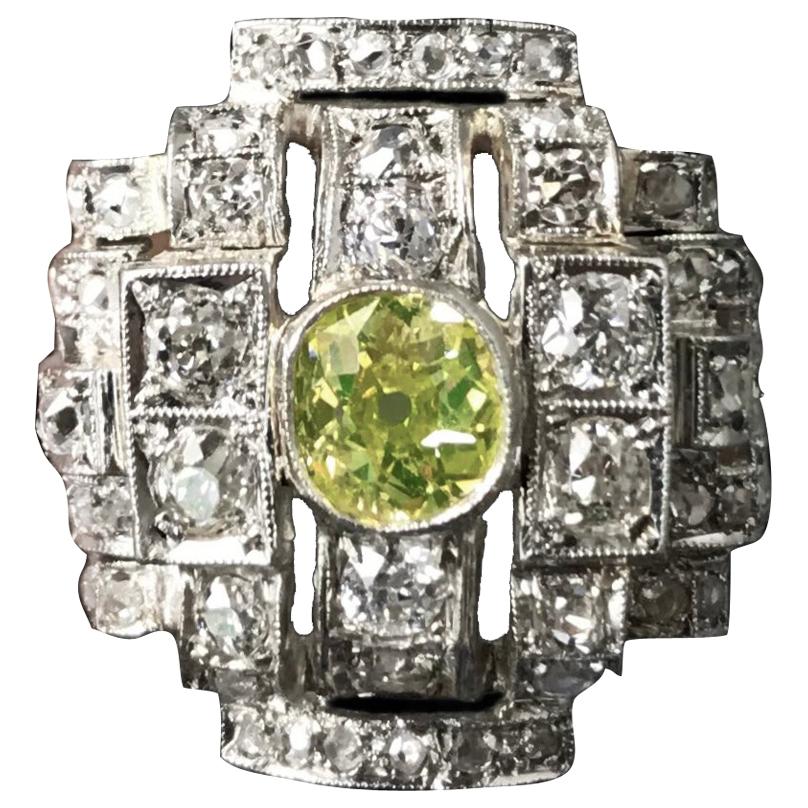 Art Deco Certified Greenish Yellow Old Cut Diamond Geometric Cocktail Ring 1930s For Sale