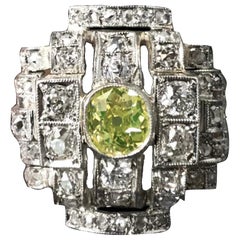 Art Deco Certified Greenish Yellow Old Cut Diamond Geometric Cocktail Ring 1930s