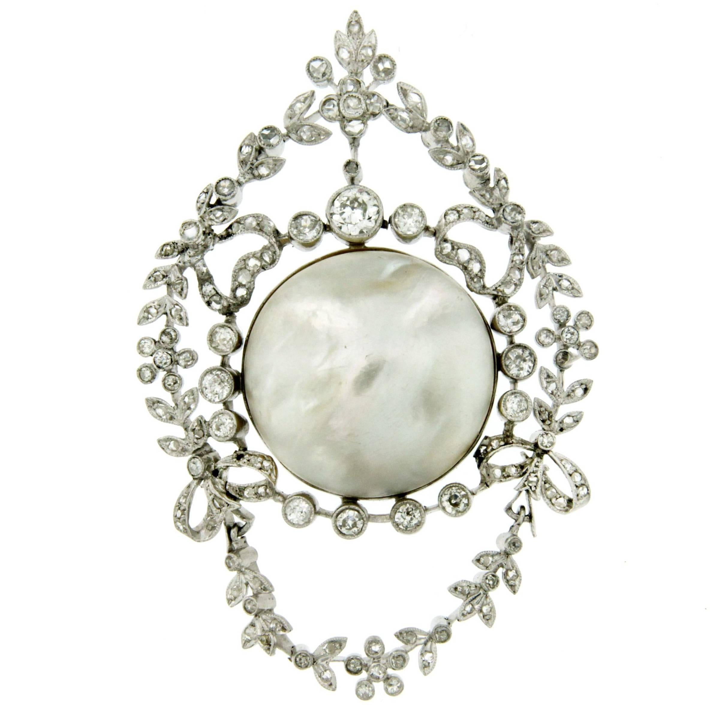 Art Deco Certified Natural Salt Water Pearl Diamond Pendant