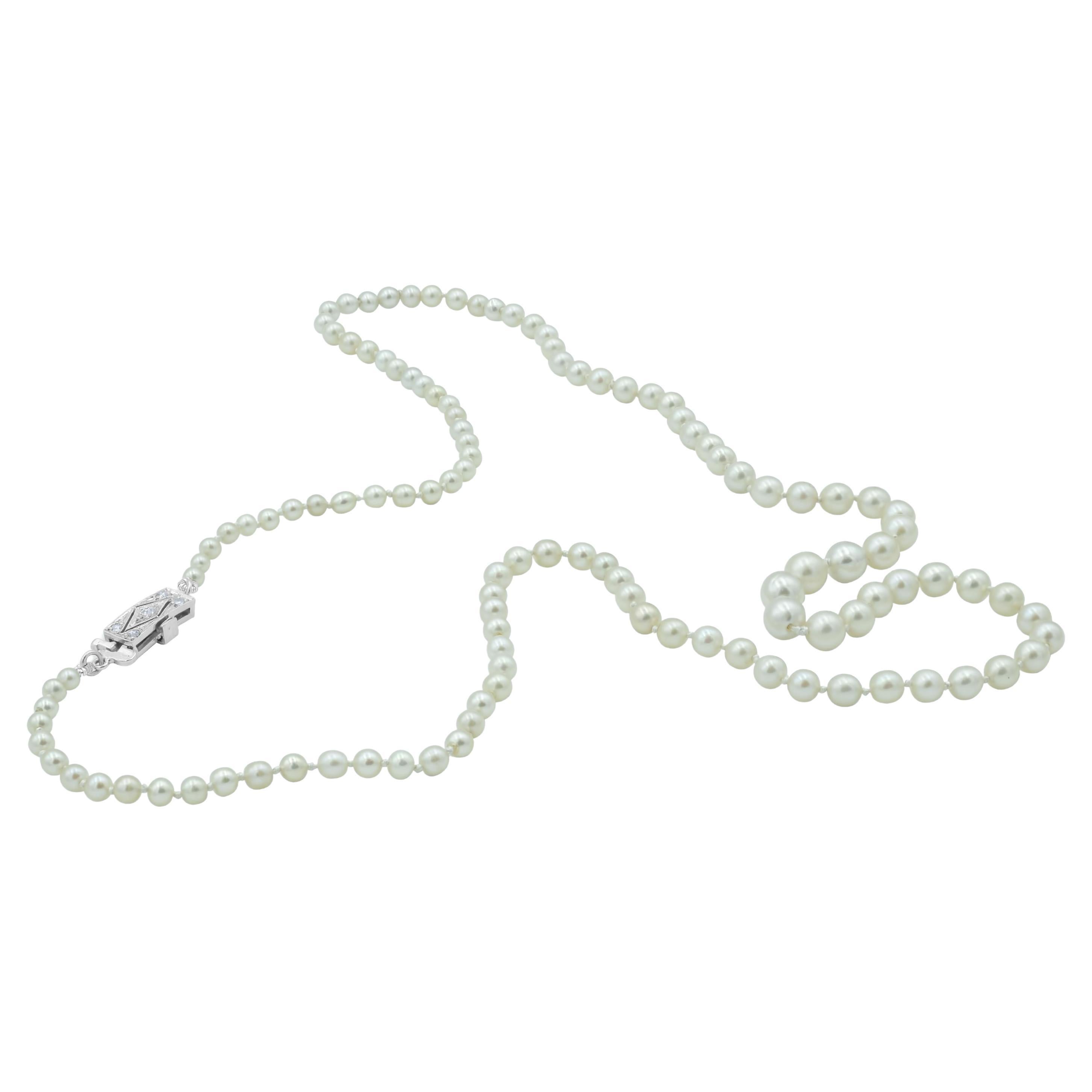 Art Deco Certified Natural Saltwater Pearl & Diamond Platinum Graduated Necklace