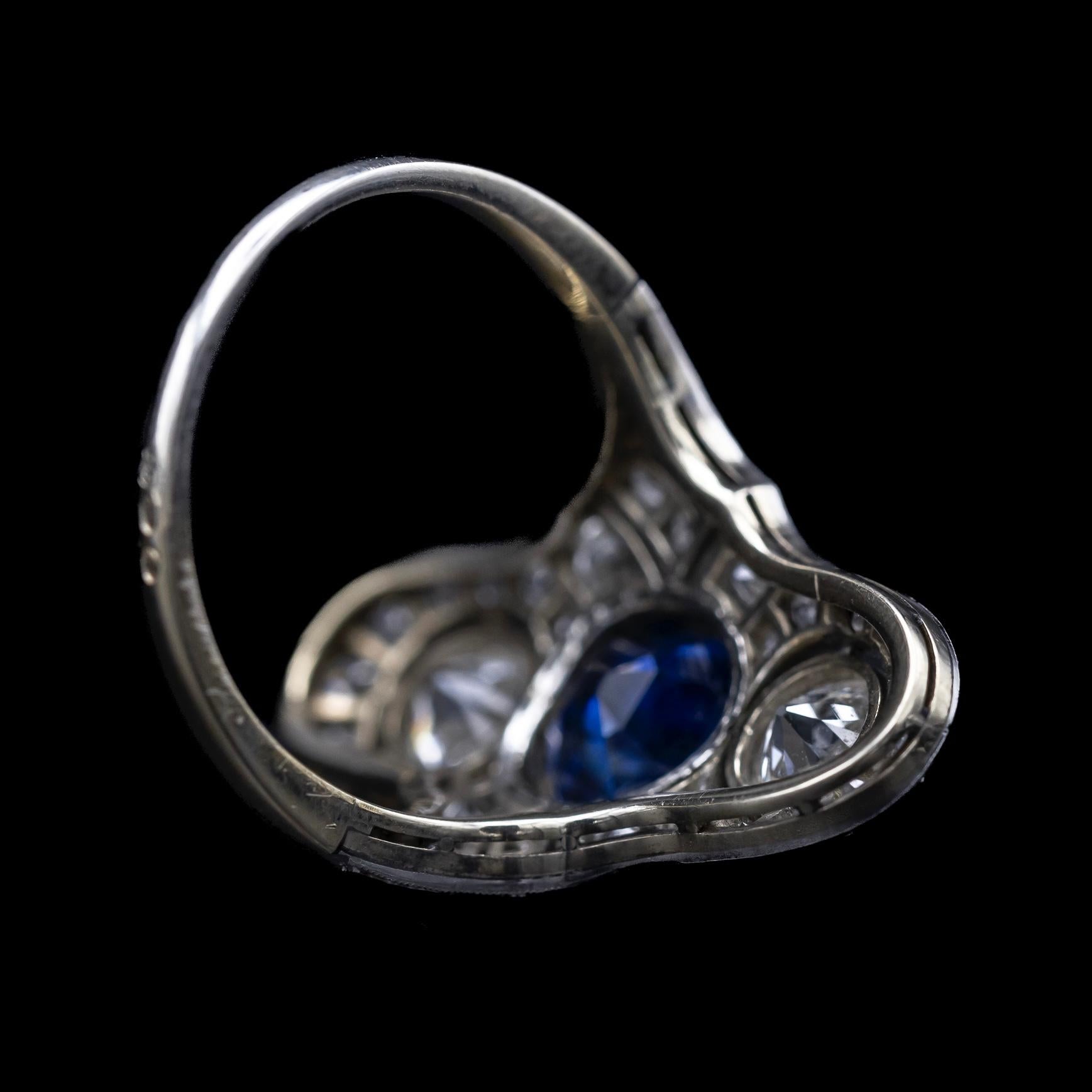 Art Deco Certified Natural Sapphire Diamond Cocktail Ring Platinum Gold 1930s For Sale 6